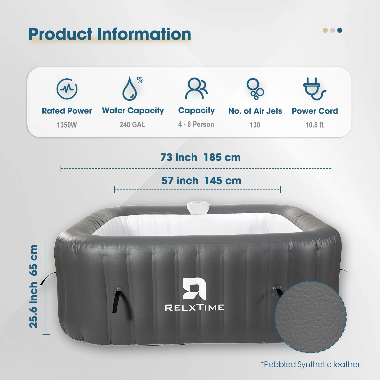 73*73 inch Portable Square Inflatable Massage Pool for 4-6 People Outdoor Spa with 130 Bubbling Massage Jets, Built-in Heating Pump with Two Cartridges, Gray - Image 7