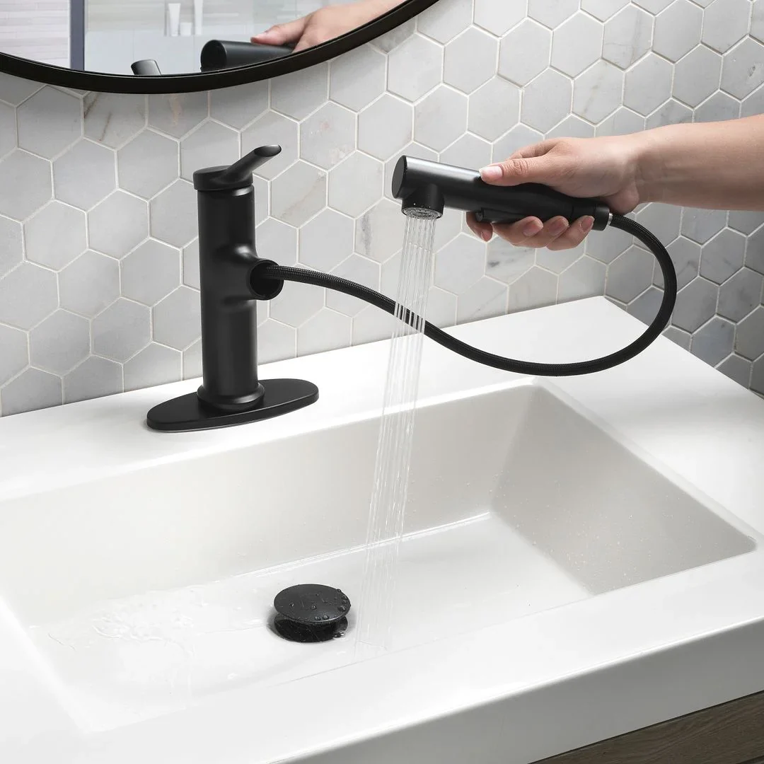 Better Homes and Gardens Pull-Out Bathroom Sink Faucet with Pop-Up Drain and Optional Deckplate, Matte Black