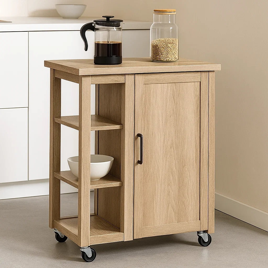 Kkken, kkkenrullevogn med hjul, naturtr, dre og hylder, 80x40x85 cm. - kUK3ihRBc4As