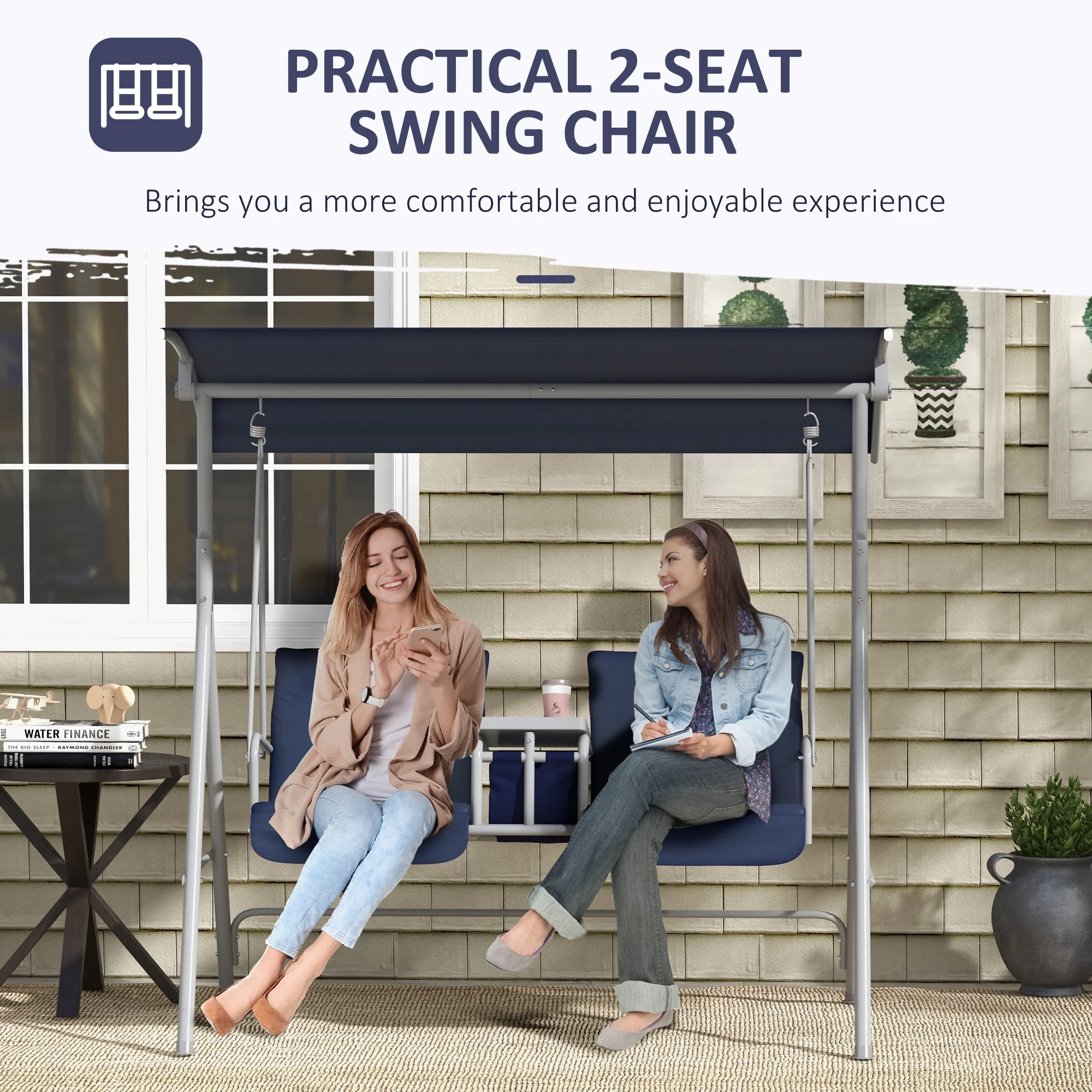 2 Person Porch Swing with Stand, Outdoor Swing with Canopy, Pivot Storage Table, 2 Cup Holders, Cushions for Patio, Backyard, Dark Blue(Dark Blue) - Image 7