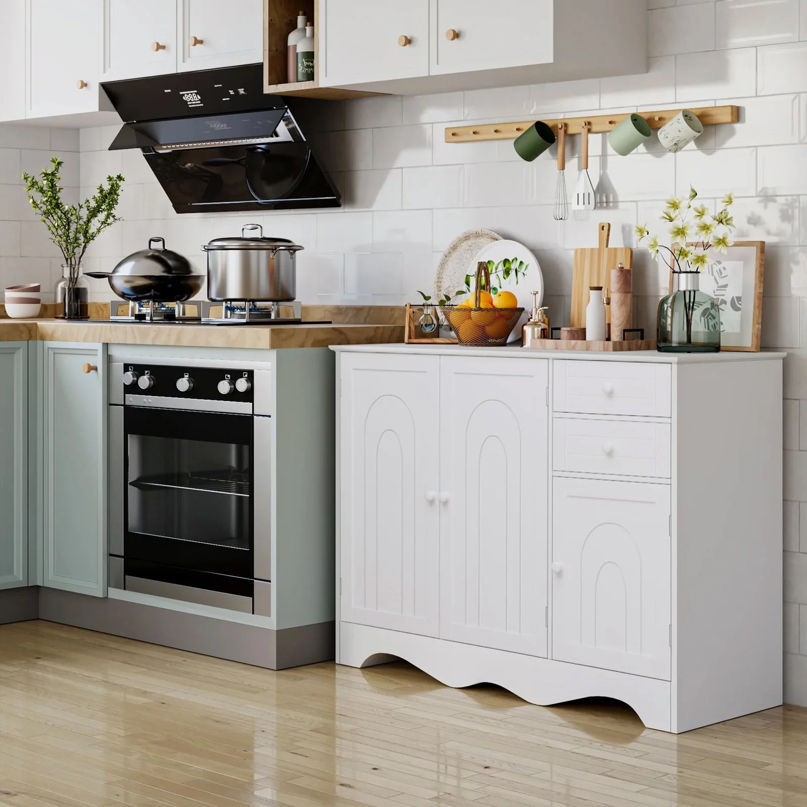 Homfa Kitchen Storage Cabinet, White Buffet Server Cupboard, Floor Sideboard Cabinet with 3 Doors and 2 Drawers for Living Room
