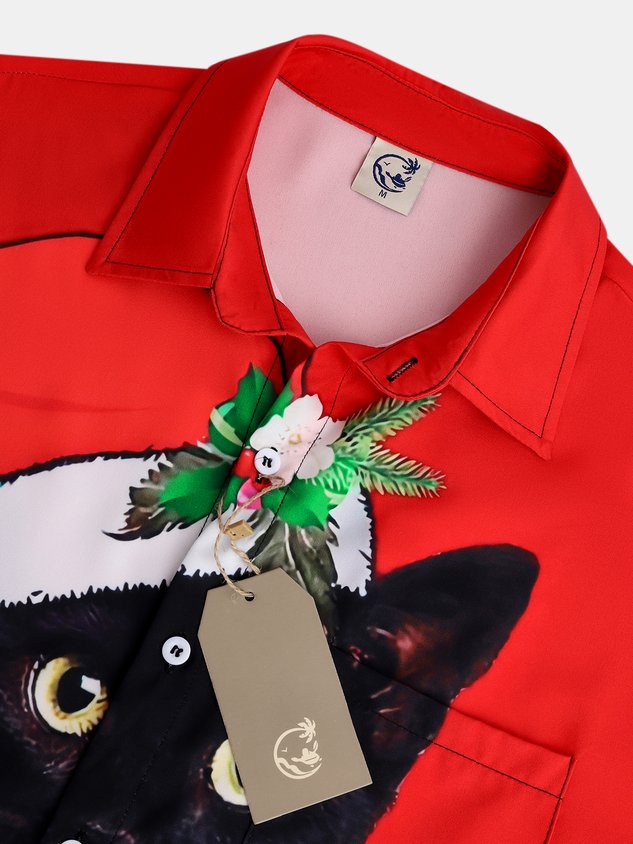 Chemise hawaïenne décontractée pour homme, style rétro Noël, imprimé chat noir, boutons sur le devant, douce et respirante, poche poitrine.