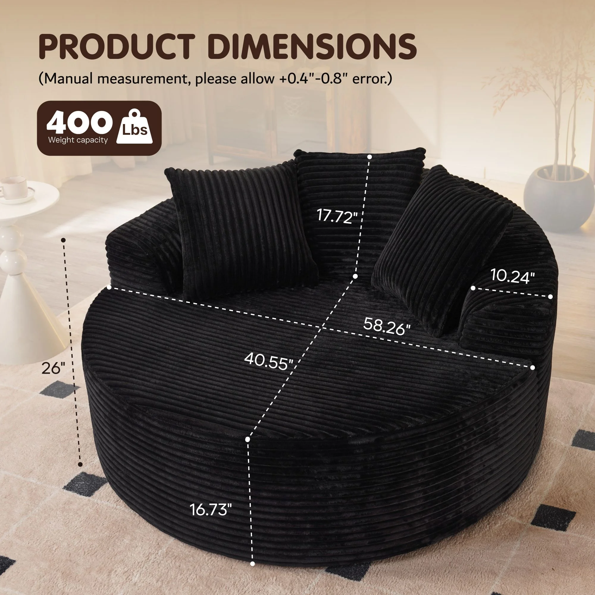 58'' Oversized Chaise Lounge Indoor Chair Modern Cloud Floor Sofa Bed Comfy Upholstered Sleeper Couch Deep Seat Accent Reading Chair for Living Room, Bedroom, No Assembly, Black(Plush Corduroy)(Black (Plush Corduroy)) - Image 6