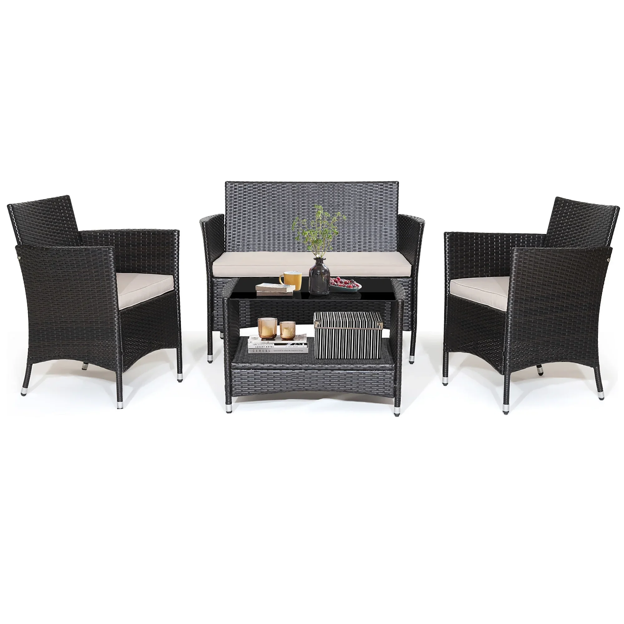 Costway 4PCS Patio Rattan Furniture Set Armrest Cushion Sofa Coffee Table withShelf Garden