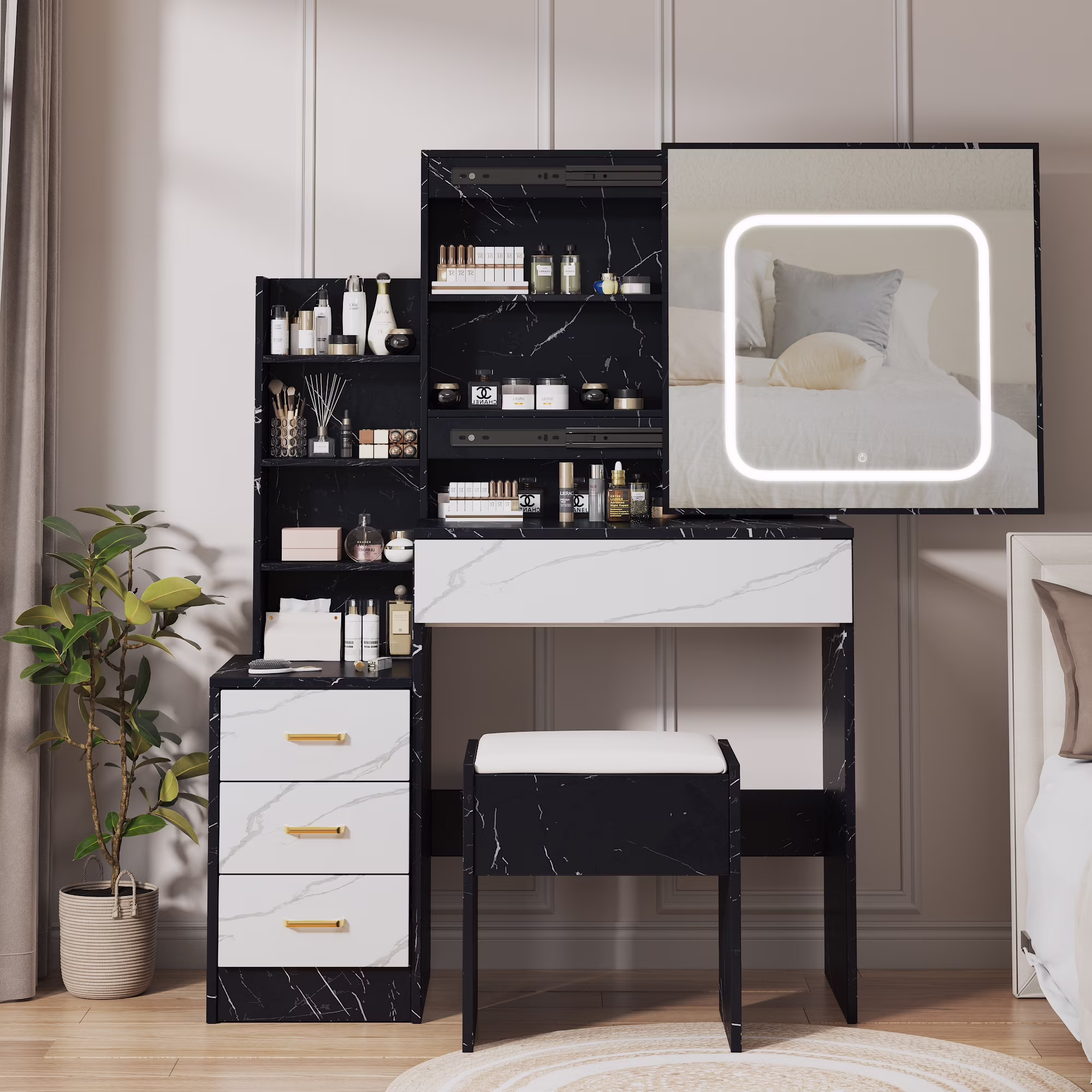 Vanity Desk with Sliding Mirror and Lights, Makeup Vanity Set with 4 Drawers, Stool, Power Outlet, Open Shelves, 3 Color Adjustable Lighting Modes, Makeup Dressing Table for Bedroom, White(White) - Image 9