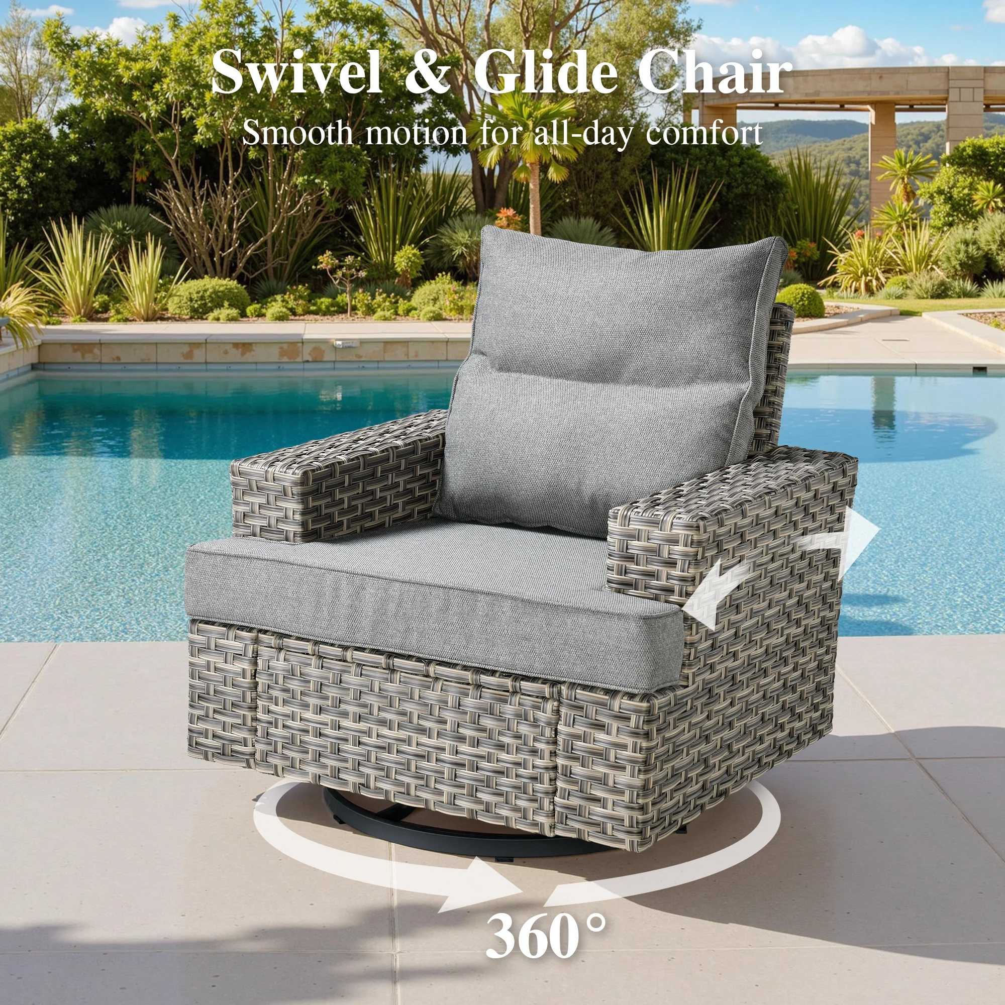 10 Pieces Outdoor Patio Furniture Modern High-Back All-Weather Wicker Sectional Conversation Set with Propane Fire Pit Table Swivel Chair, Dark Gray(Dark Gray) - Image 4