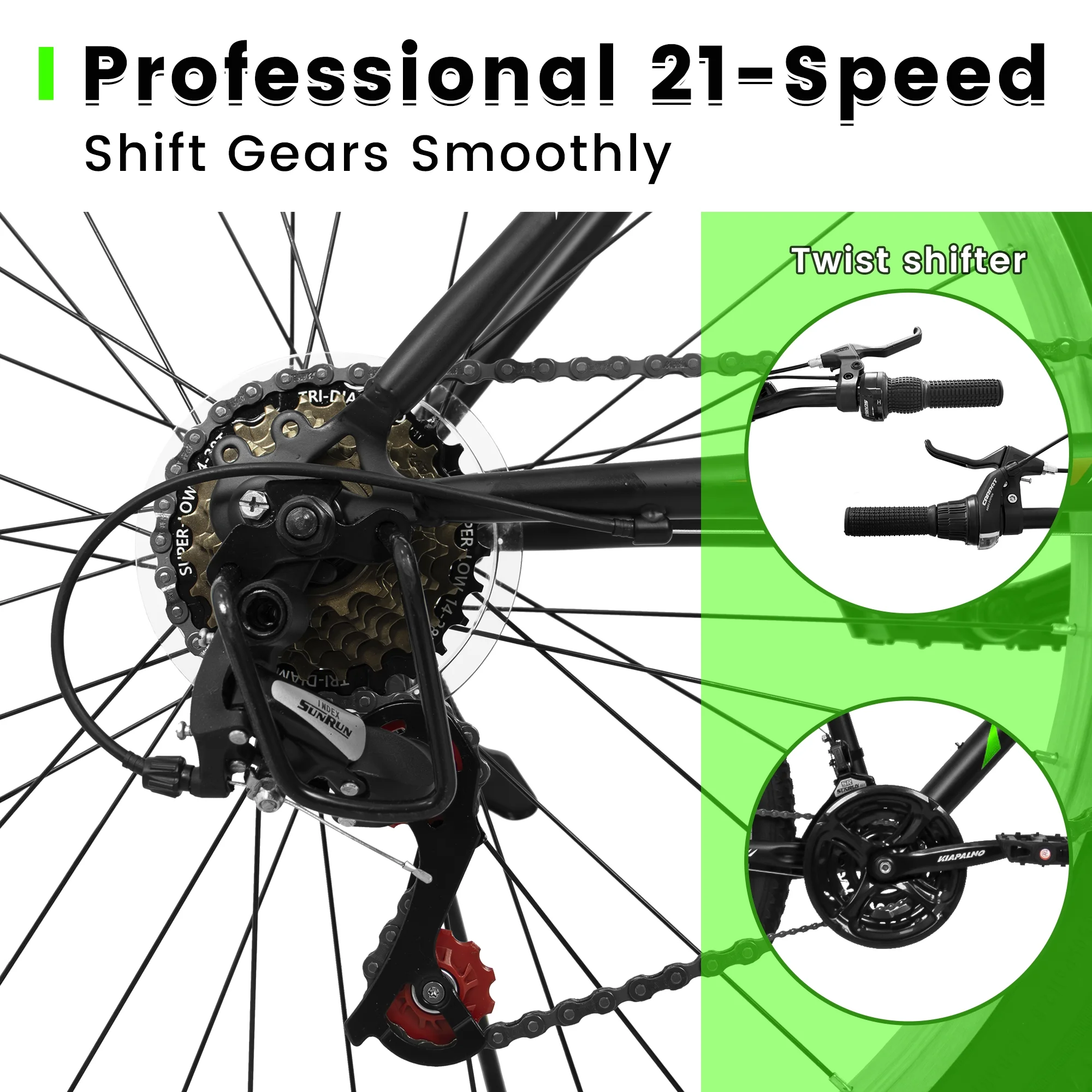 26" Mountain Bike for Men and Women, 21-Speed High-Performance All-Terrain Bicycle with Dual V-Brakes,Green(Green A) - Image 6