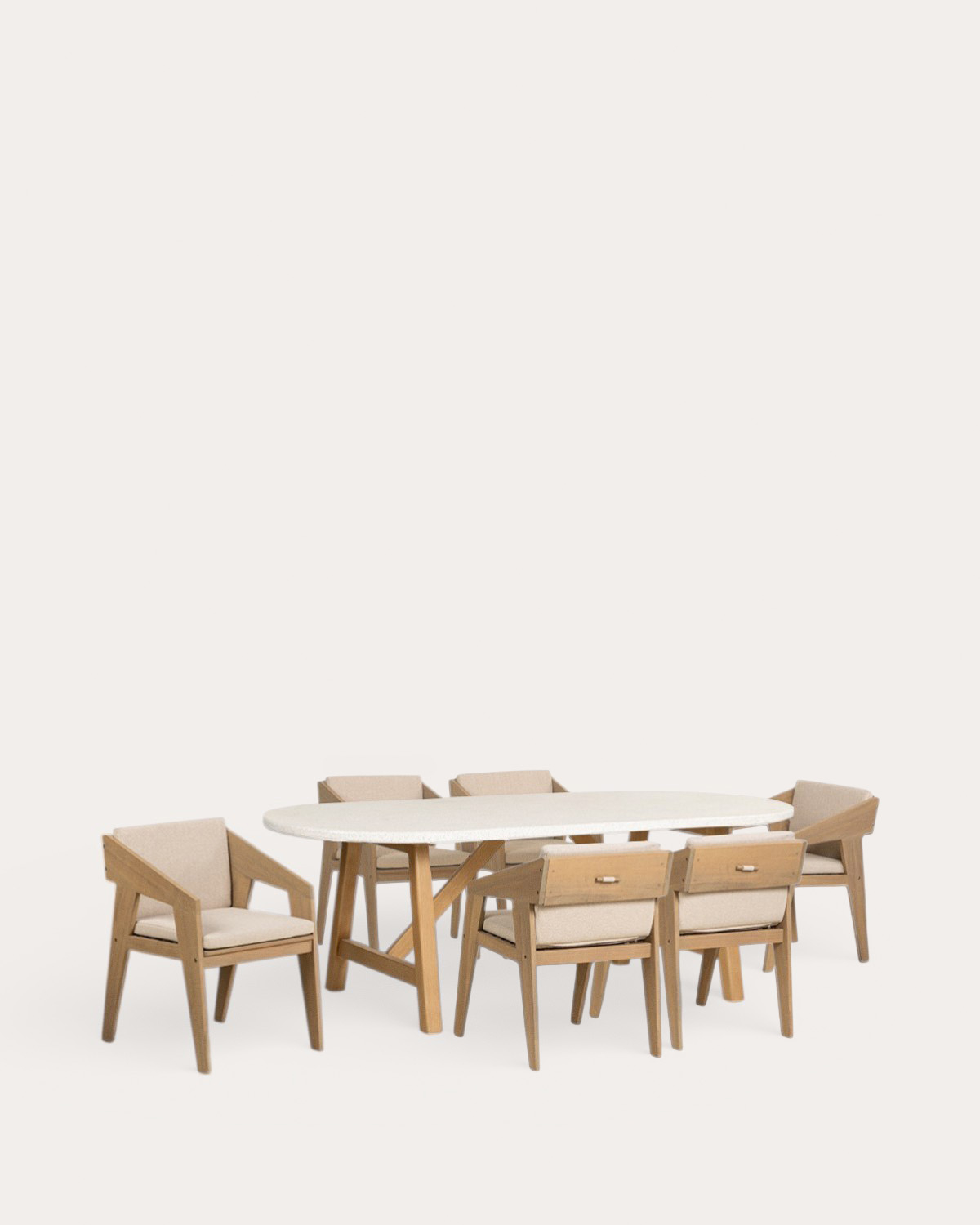 Set Mirena - Tanon - Set de Mesa Ovalada de Terrazo (230x100 cm) Mirena y 6 Sillas con Reposabrazos de Madera de Acacia Tanon de Exterior