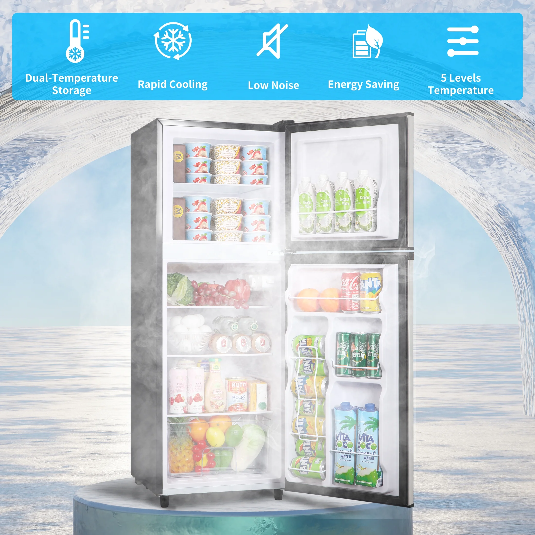4.5 Cu. ft. Compact Refrigerator 2 Door with Freezer,5 Adjustable Thermostat 4 Removable Glass Shelves(Silver/4.5 Cu.ft) - Image 7