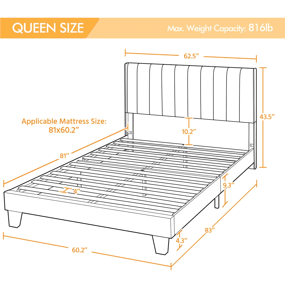 Yaheetech Upholstered Wingback Bed with Support and Mattress Foundation, Queen, Dark Gray(Full/with headboard)