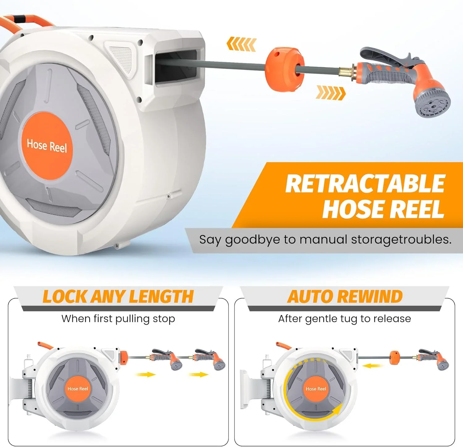 Auto-Retract Wall-Mounted Garden Hose Reel w/9-Pattern Nozzle, 180�� Swivel & Any-Length Lock, 600PSI Durable