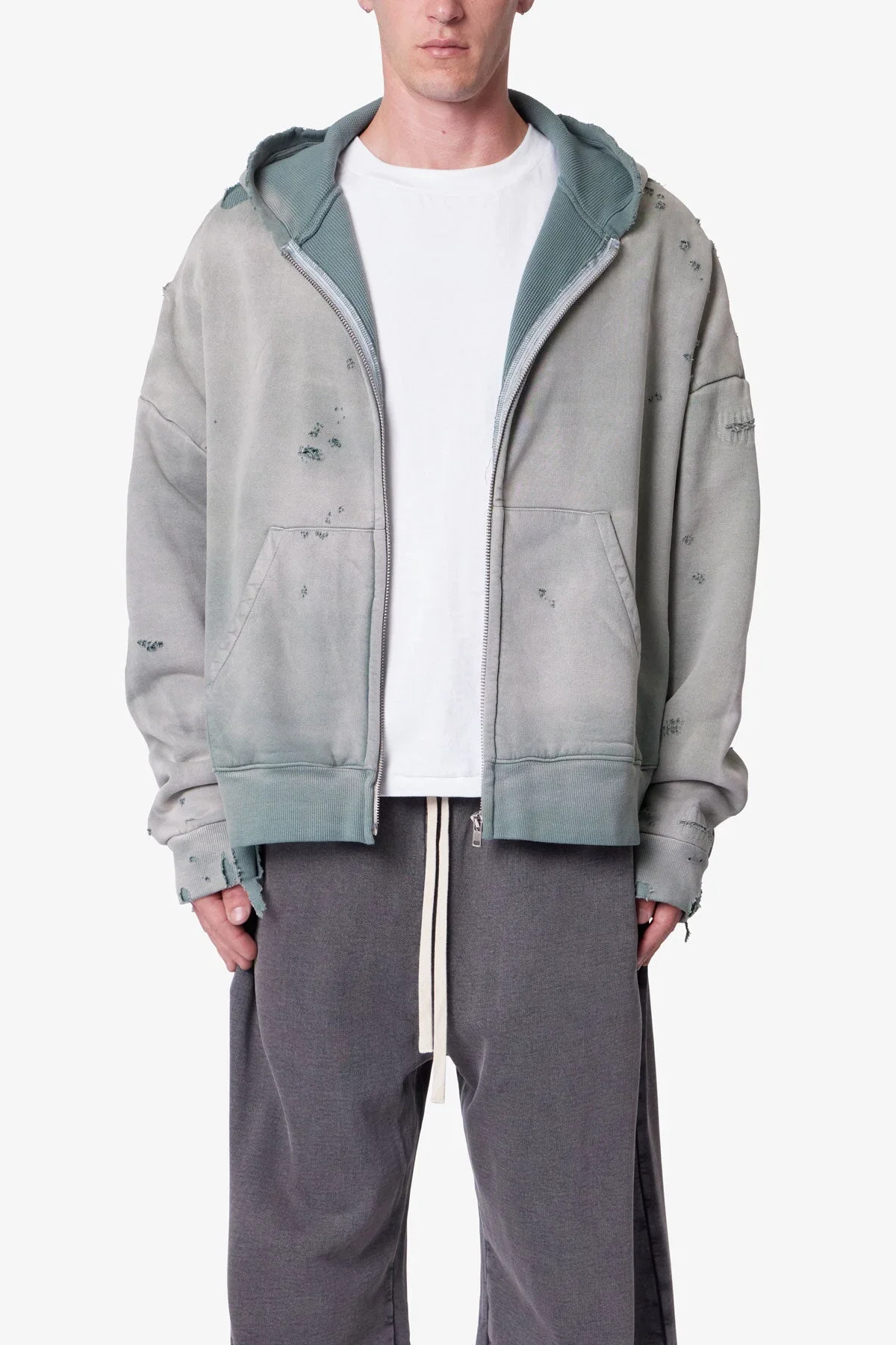 Distressed Thermal Lined Hoodie - Green