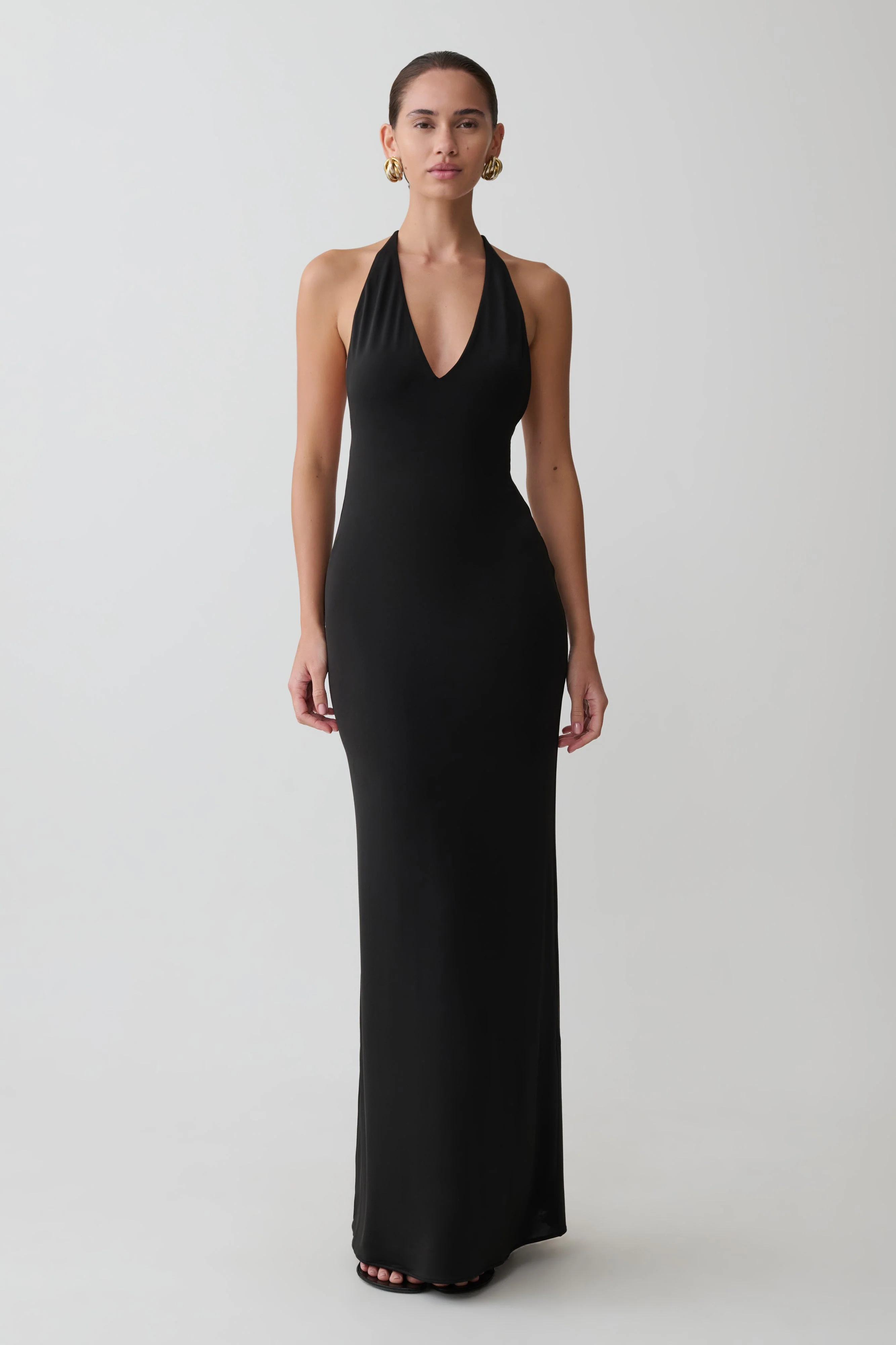 Hana Slinky Plunge Maxi Dress - Black