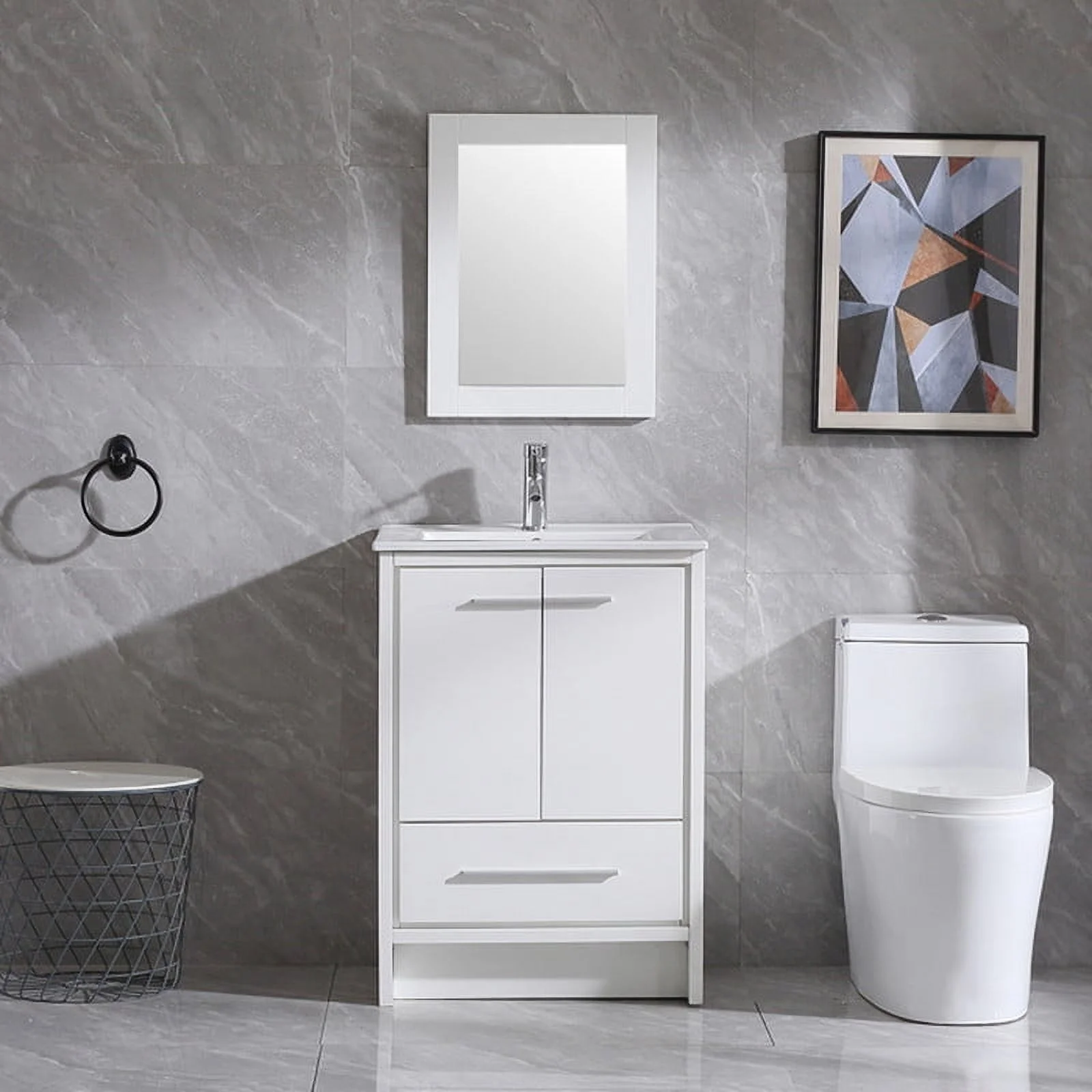24" Luxurious Bathroom Vanity with Ceramic Sink and Countertop and Mirror and Faucet,Double Door Stand Floor Cabinet Bathroom Storage Vanity with Pop Up Drain,White(2 Doors1 Drawers) - Image 10