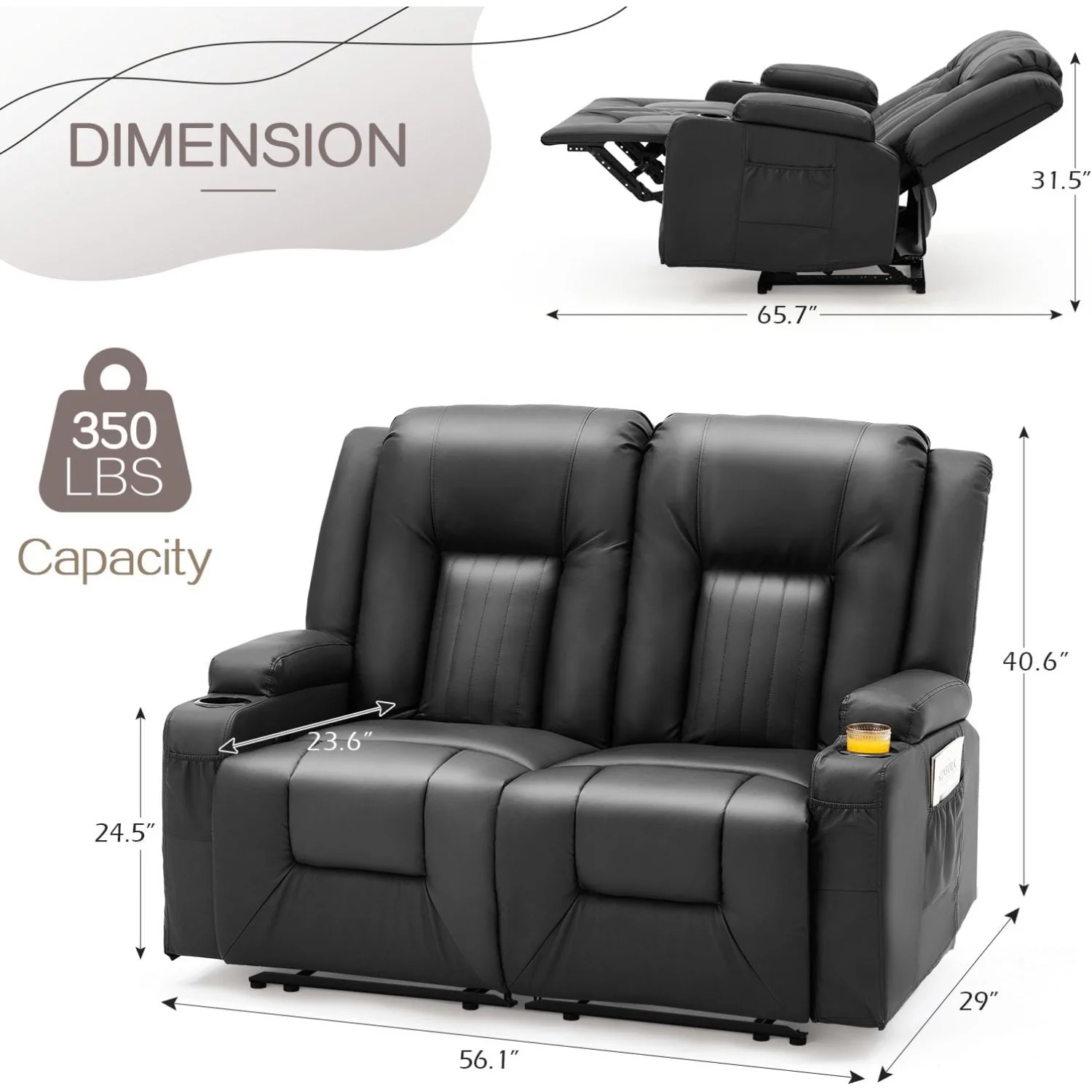 AECOJOY Loveseat Recliner with Cup Holders&Side Pockets, Black, 2