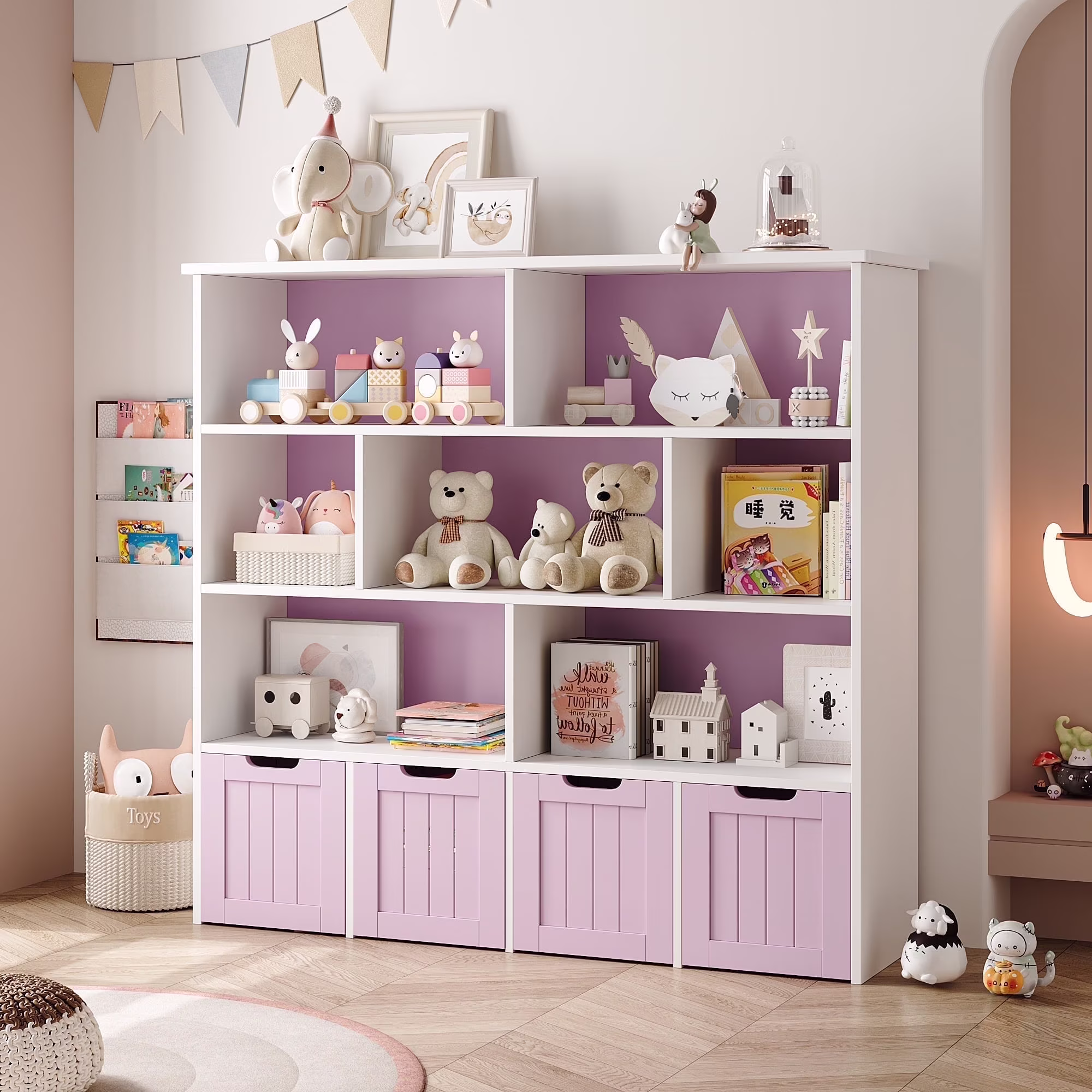 7 Cube Toy Storage Organizer, Kids Geometric Bookcase and Bookshelf with 4 Drawers, White(White) - Image 7