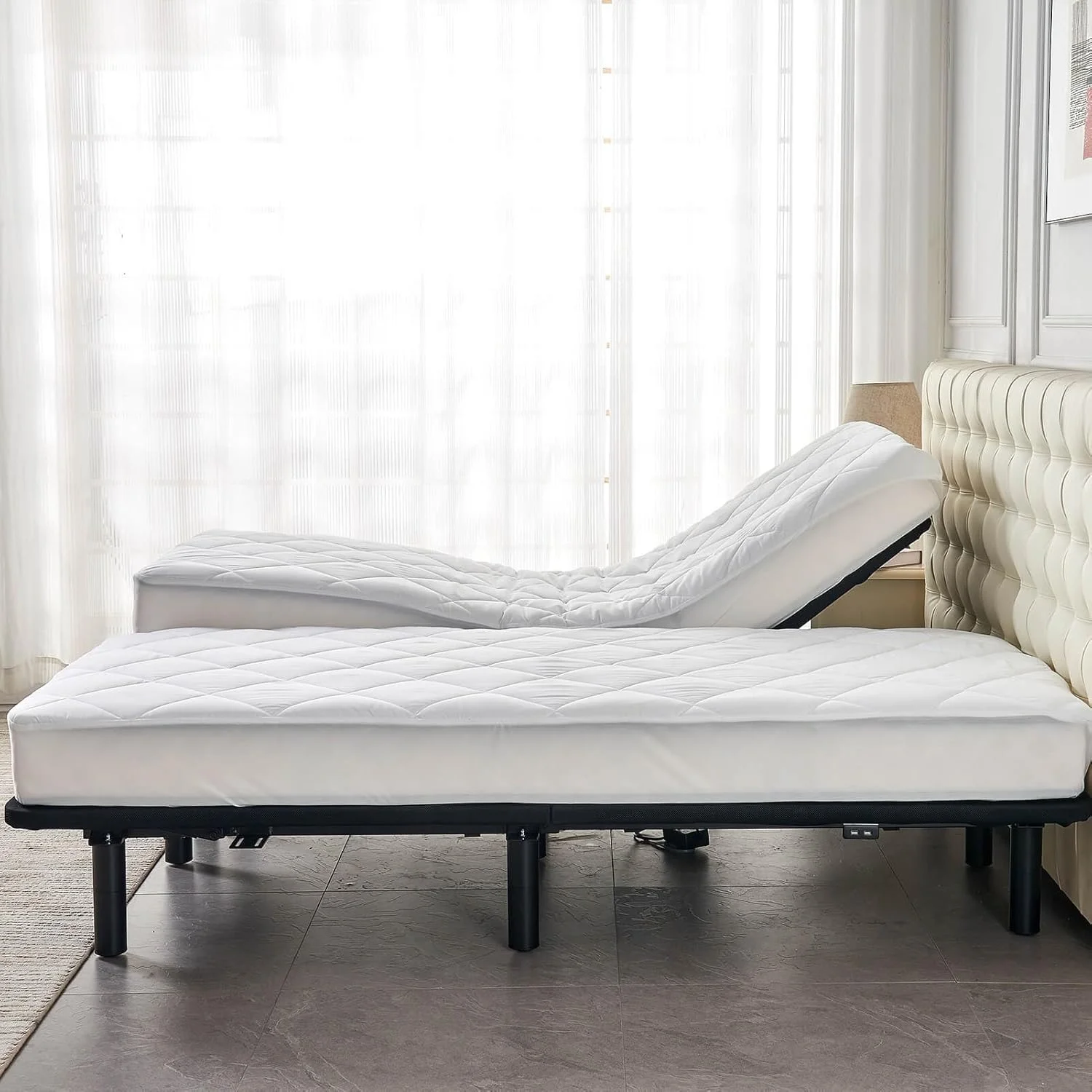 Split King Mattress Topper for Adjustable Bed Fluffy Matress Cover Quilted Fitted Mattress Pad with Elastic Pocket(Split King/White) - Image 3