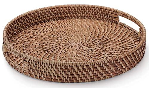 11 Inch Rattan Tray, Round Wicker Tray With Cut-Out Handles, Woven Serving Tray For Dining / Coffee Table