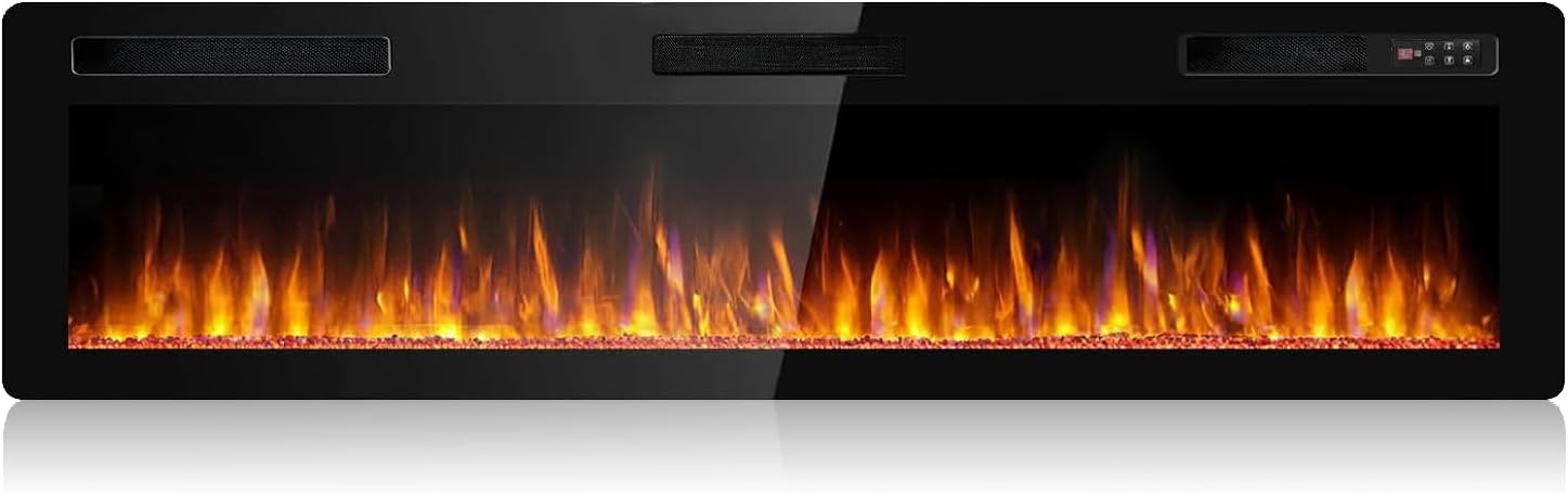 BOSSIN 72 inch Ultra-Thin Silence Linear Electric Fireplace, Recessed Wall Mounted Fireplace, Fit for 2 x 4 and 2 x 6 Stud, 12 Adjustable Flame Color & Speed,Touch Screen Remote Control with 8h Timer
