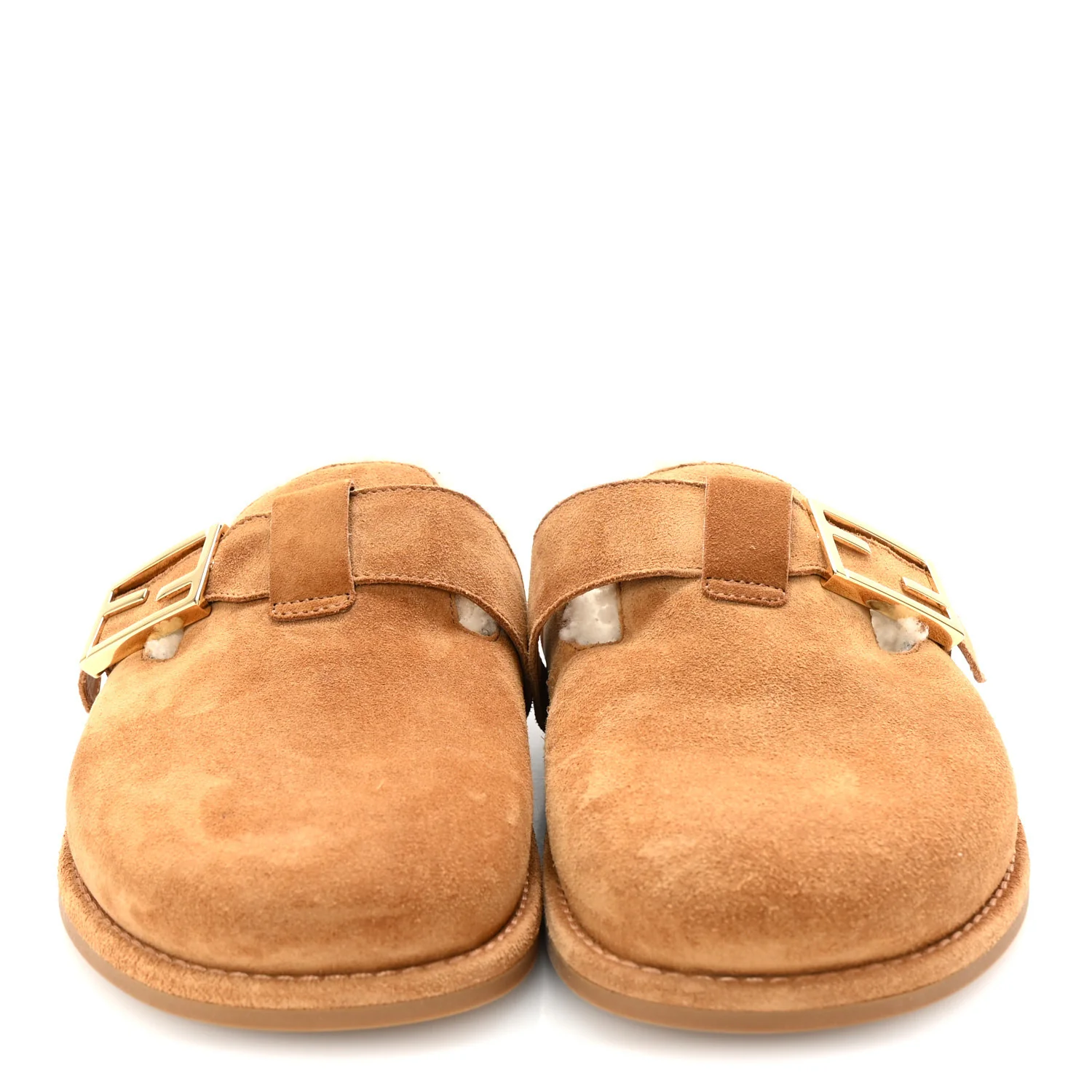 Suede Shearling Fendi Feel Buckled Clogs 38 Caramel Latte