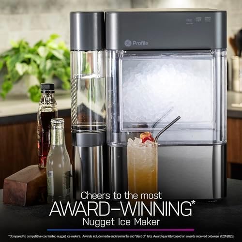 Machine à glaçons GE Profile Opal 2.0 XL avec réservoir de 3,8 litres, glaçons en pépites croquants et faciles à mâcher, pelle incluse, 17 kg en 24 heures, avec Wi-Fi et fonctionnalités intelligentes, en acier inoxydable.