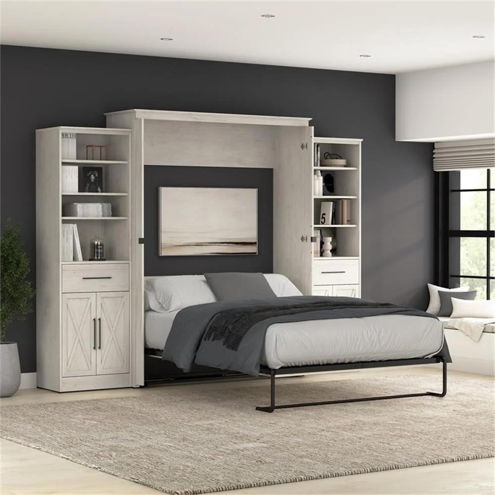Pemberly Row Queen Murphy Bed and Wardrobes (119W) - Engineered Wood in White