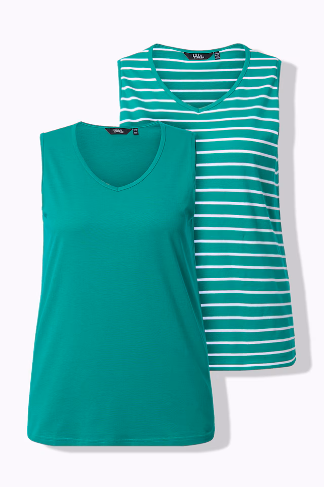 2 Pack of V-Neck Cotton Knit Tanks - Stripe, Solid