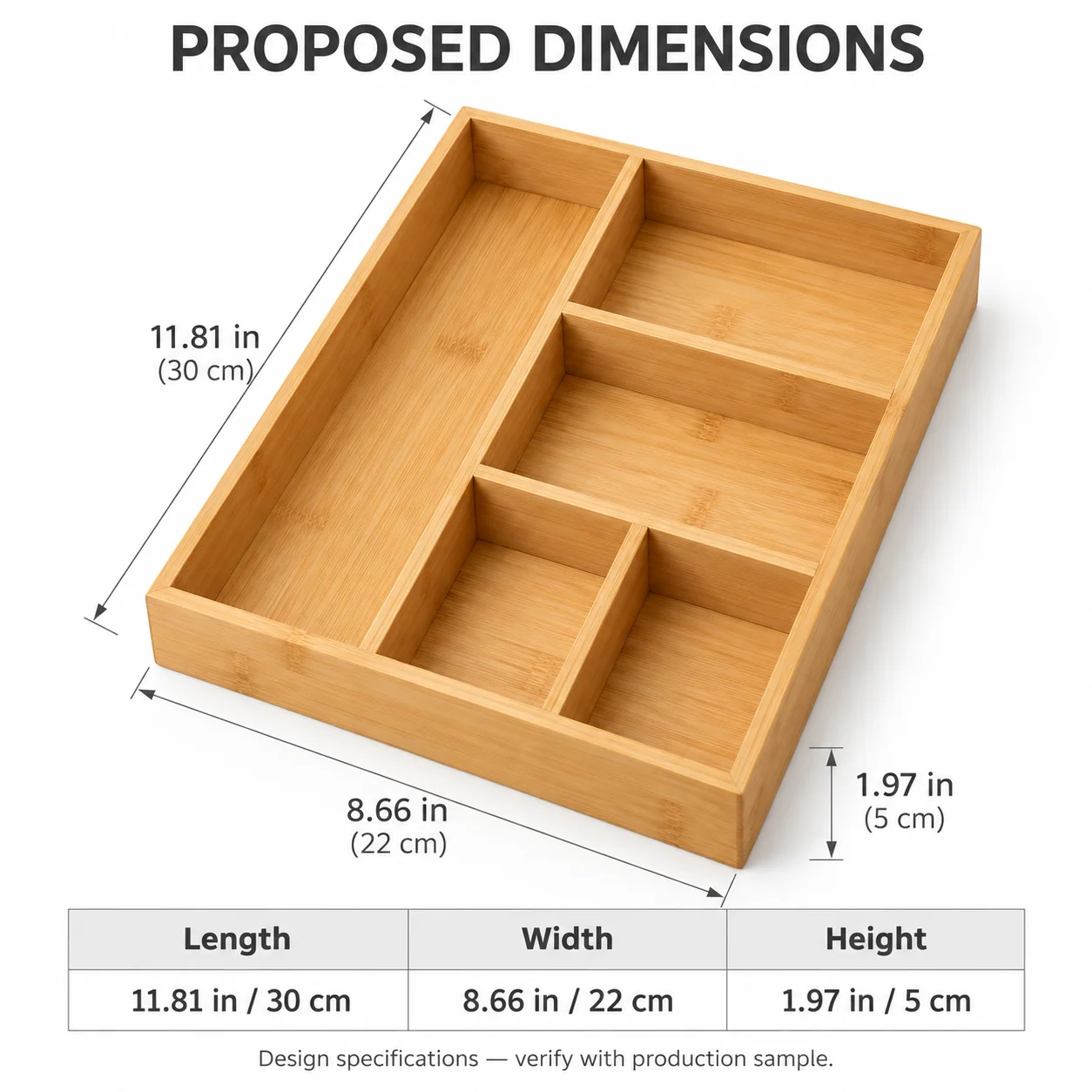 Natural Bamboo Desk Drawer Organizer, 5 Compartments