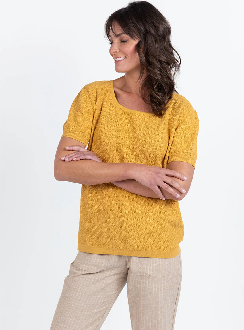 Pull femme manches courtes coton jaune safran