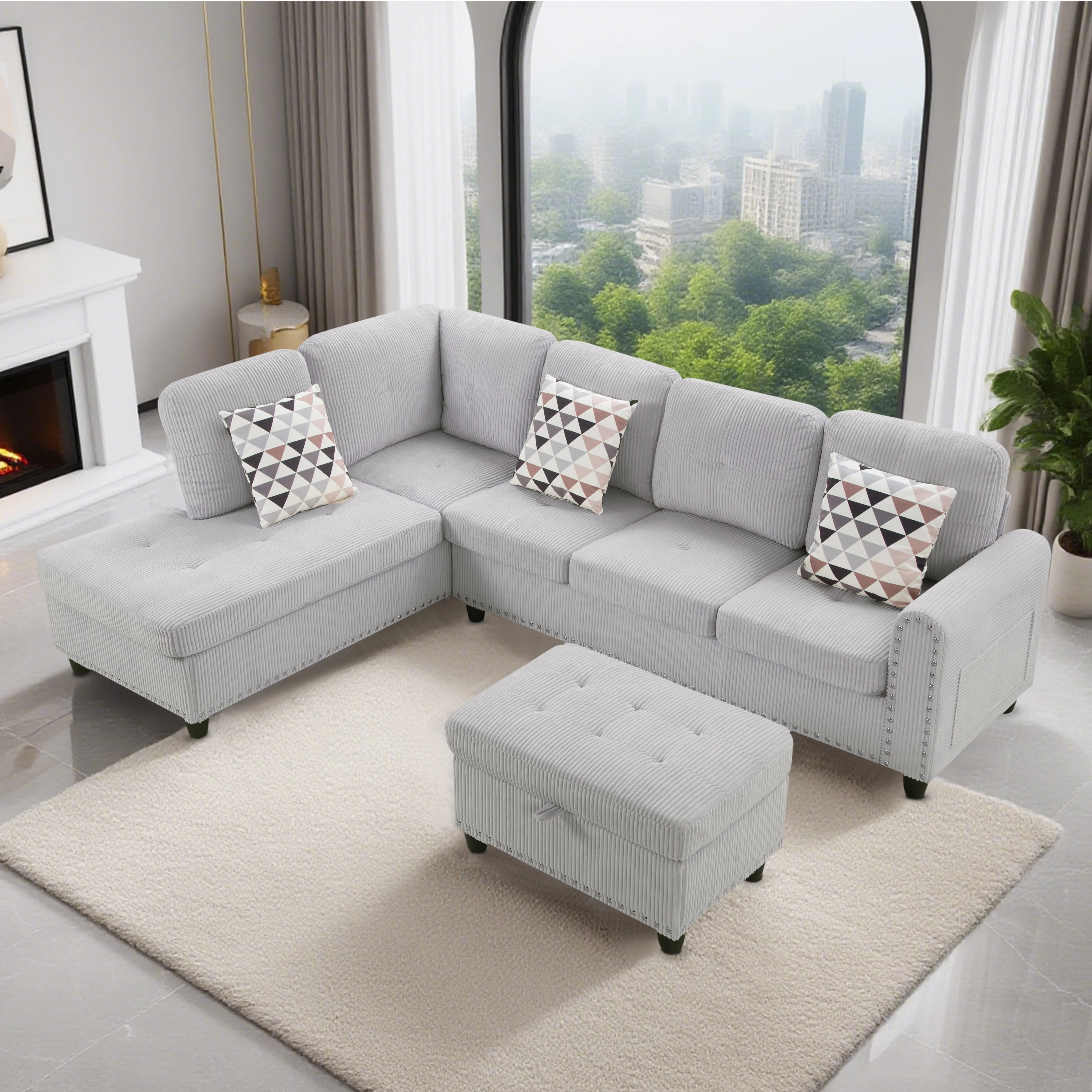 AENKYO 95 L - Shaped Corduroy Modular Sectional Sofa with Ottoman & Cup Holders - Living Room Couch for Apartmentslight Gray