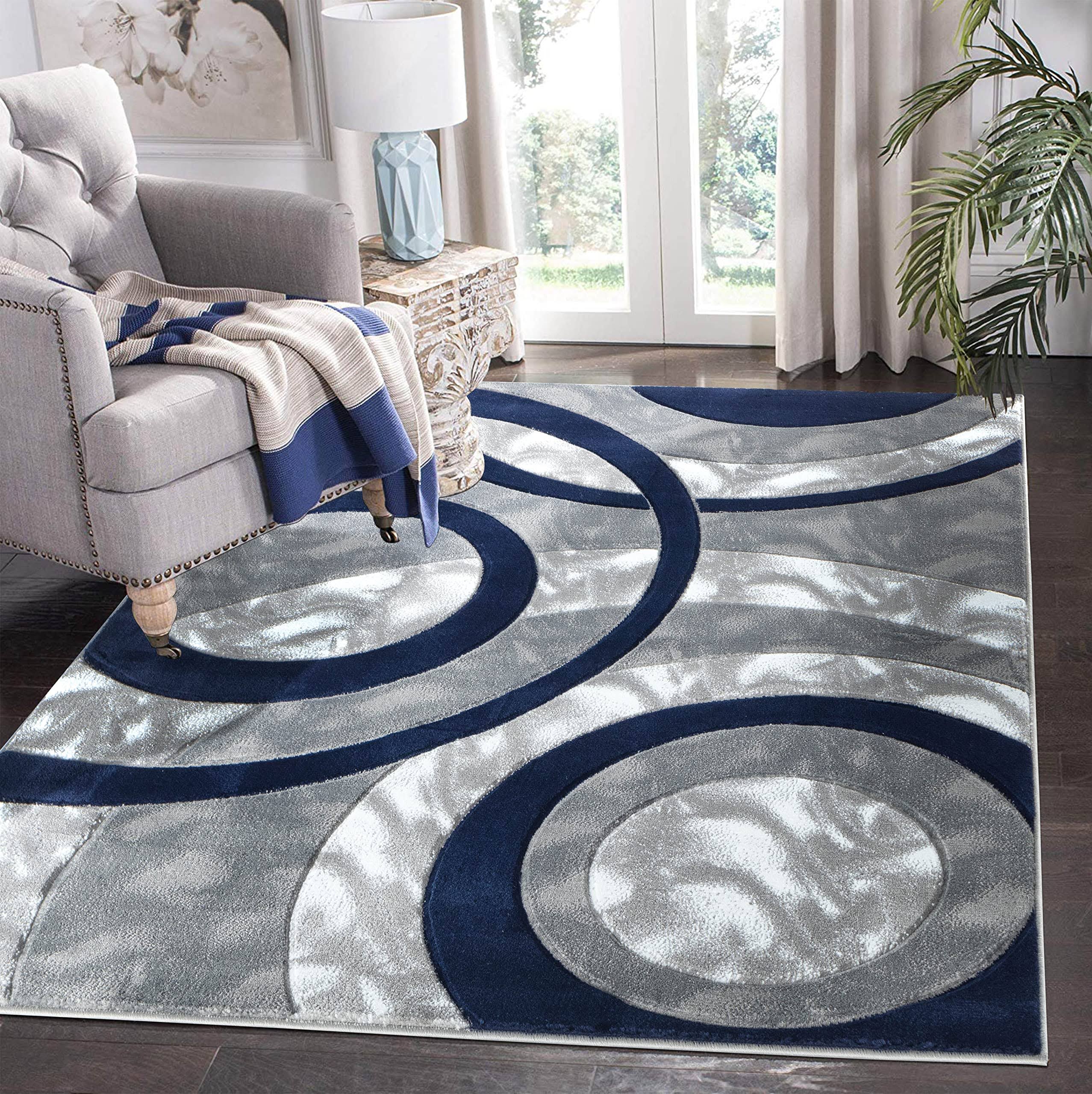 Glory Rugs Area Rug 8x10 Navy Circles Geometry Soft Hand Carved Contemporary Floor Carpet Fluffy Texture for Indoor Living Dining Room and Bedroom