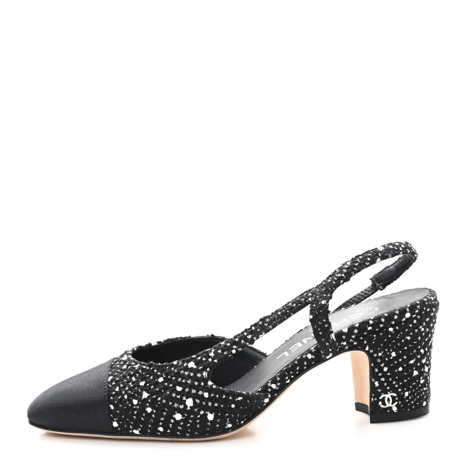 Tweed Polkadot Grosgrain Cap Toe CC Slingback Pumps 36 Black White Silver