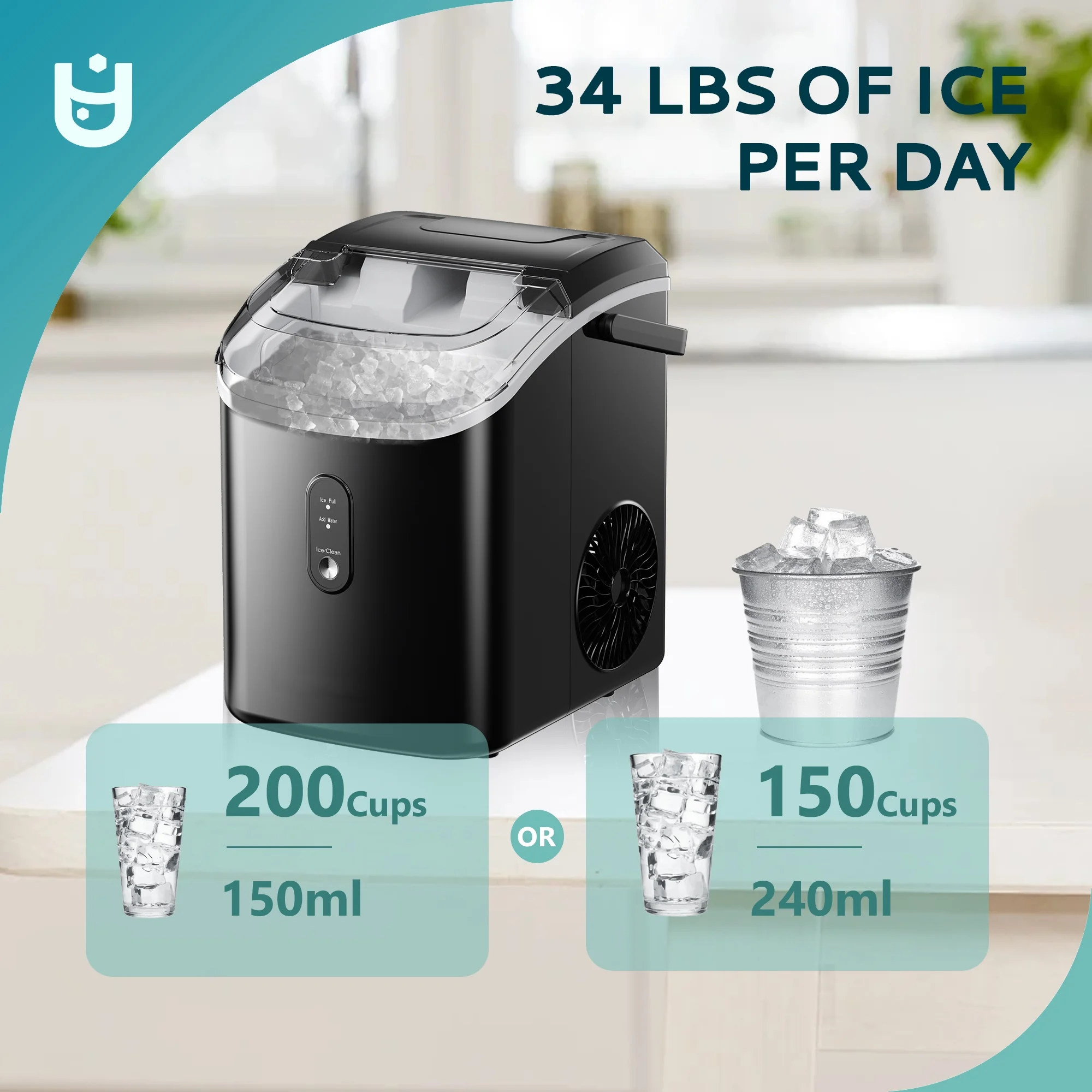 Nugget Ice Maker Countertop with Handle, Ready in 6 Mins, 34.5 lbs Per Day, Removable Top Cover, Auto-Cleaning, Black(Black) - Image 4