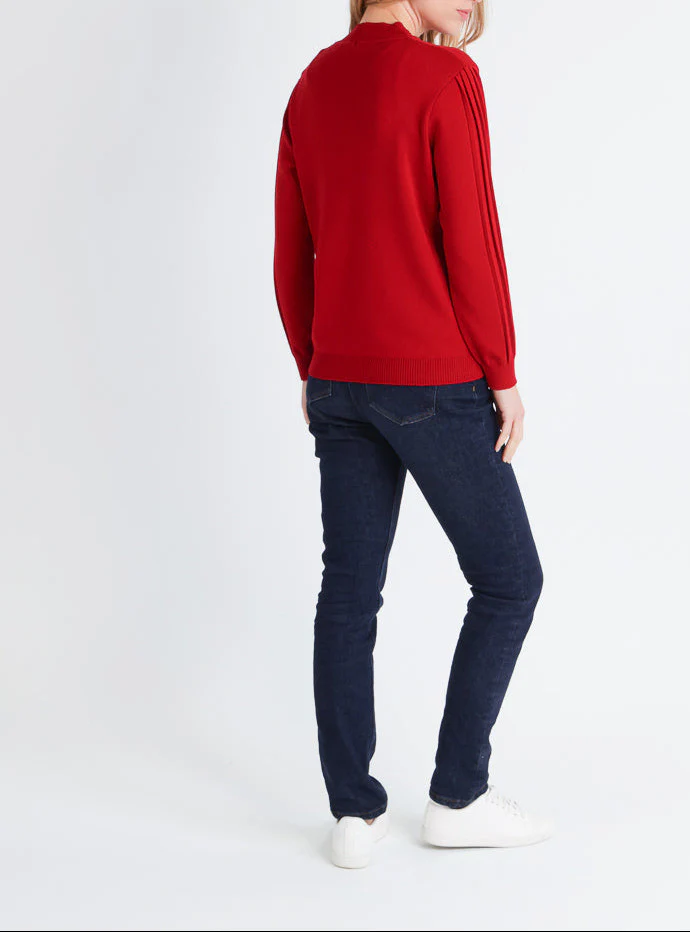 Pull femme en laine mérinos manches fantaisies Rouge foncé