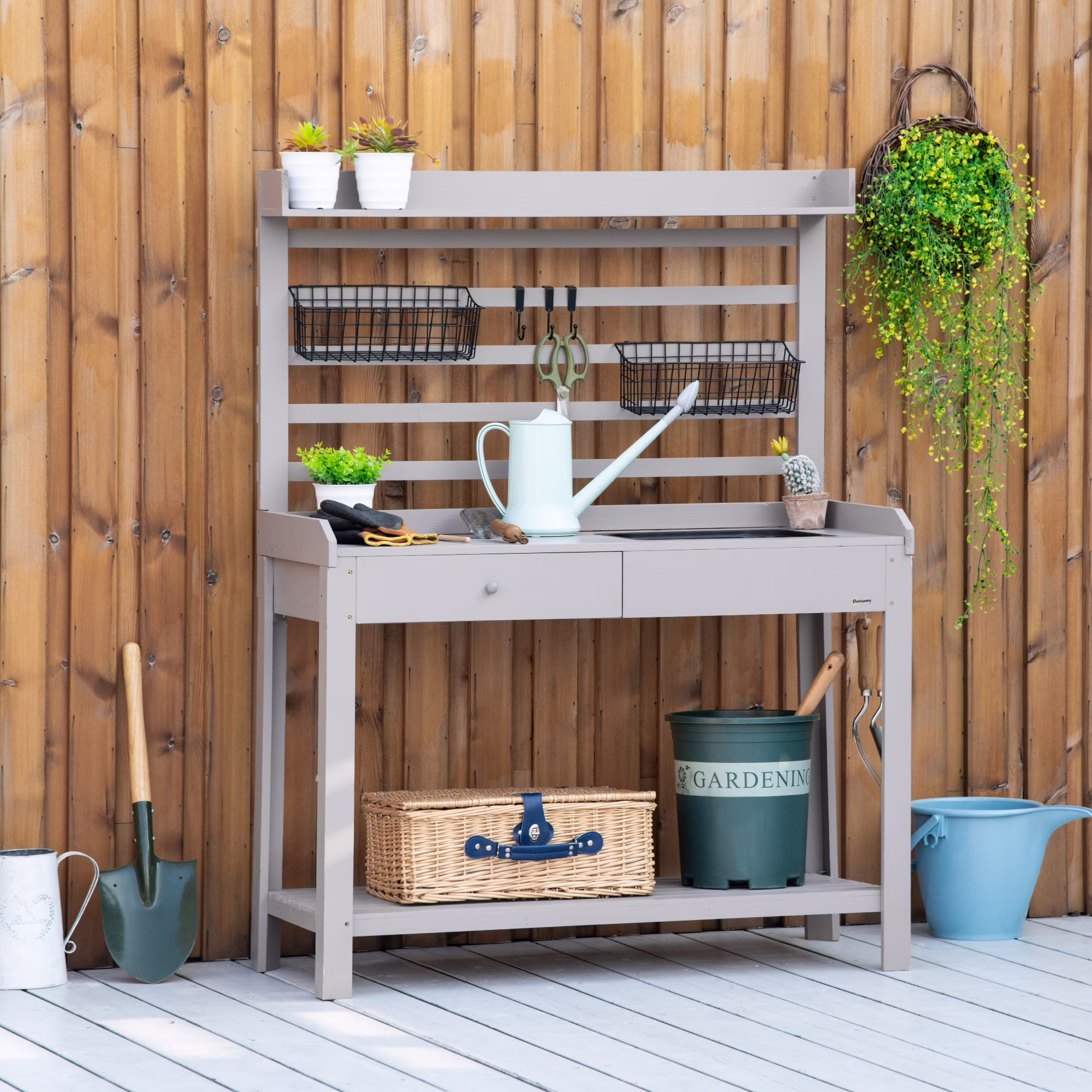 Potting Bench Table, Garden Work Bench, Workstation with Metal Sieve Screen, Removable Sink, Additional Hooks and Baskets for Patio, Courtyards, Balcony, Natural(Natural wood finish) - Image 3