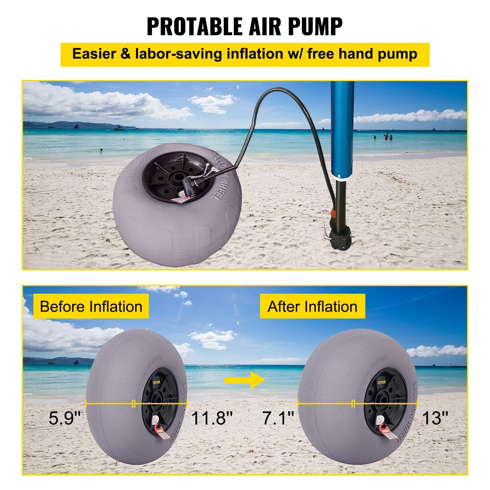 VEVOR Beach Balloon Wheels, 13" Replacement Sand Tires, TPU Cart Tires for Kayak Dolly, Canoe Cart and Buggy w/ Free Air Pump, 2 Pack Image 6