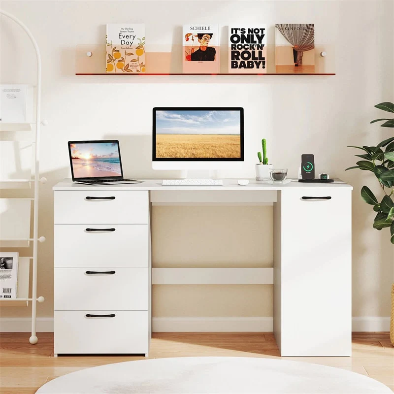 53" Computer Desk with 4 Storage Drawers & Cabinet, Home Office Desk w/ Charging Station, Adjustable Shelf & Cable Management for Study, Makeup