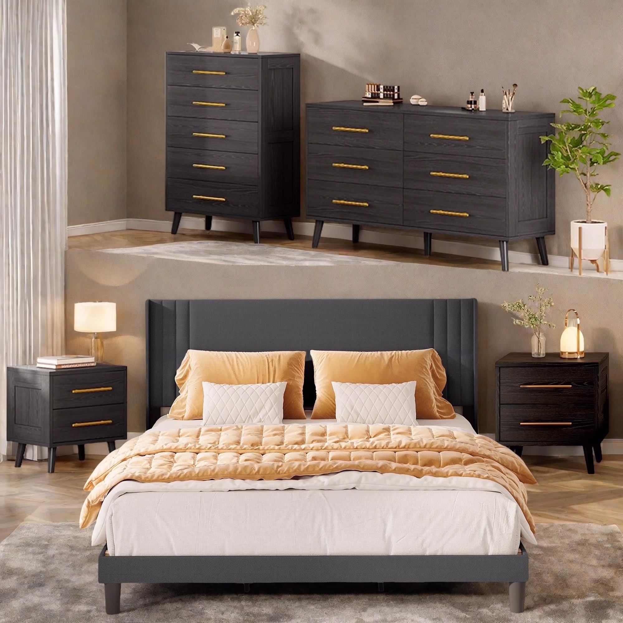 Bedroom Furniture Set Includes Queen Bed Frame, Nightstands Set of 2, 5-Drawer Dresser Double Wide 6-Drawer Dresser Modern Storage Solution for Stylish Home Decor, Black(Black/Dark Gray)