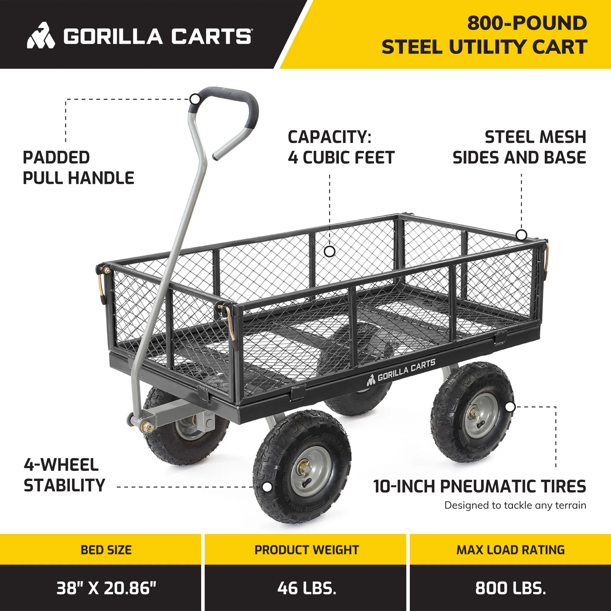 Steel Utility Cart with Removable Side Panels, 800 lb Capacity, Black - Image 2