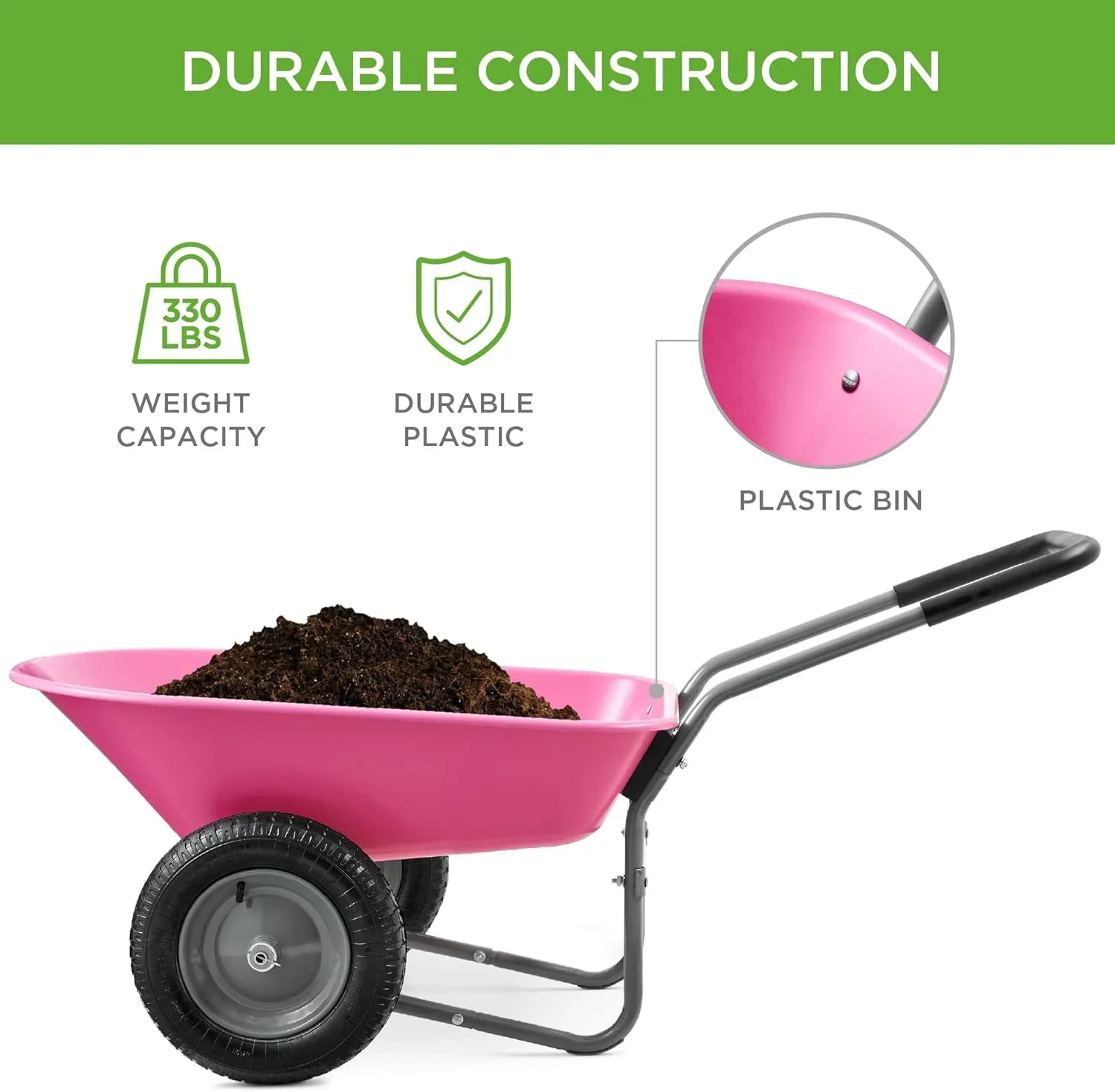 SAZYY Heavy-Duty Dual-Wheel Home Utility Yard Wheelbarrow & Garden Cart with Built-in Stand �C Versatile Solution for Lawn Care, Gardening & Construction Tasks, Gray