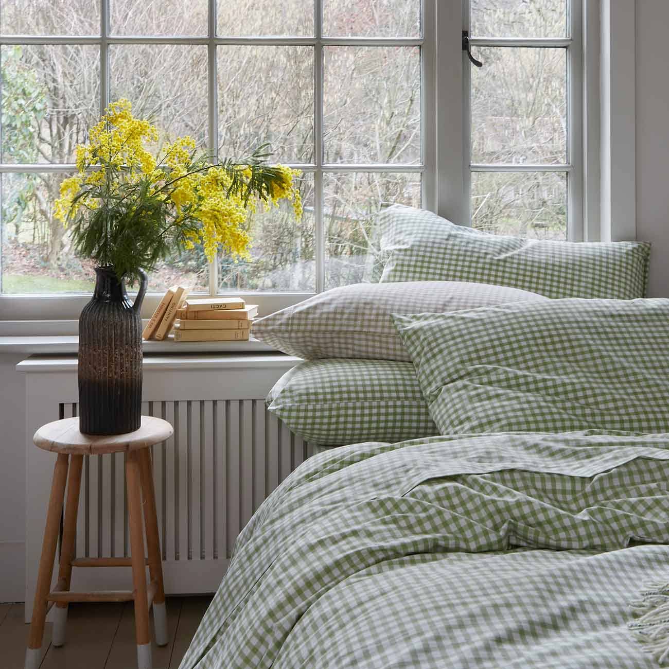Piglet in Bed Set of 2 Gingham Linen Pillowcases Pear