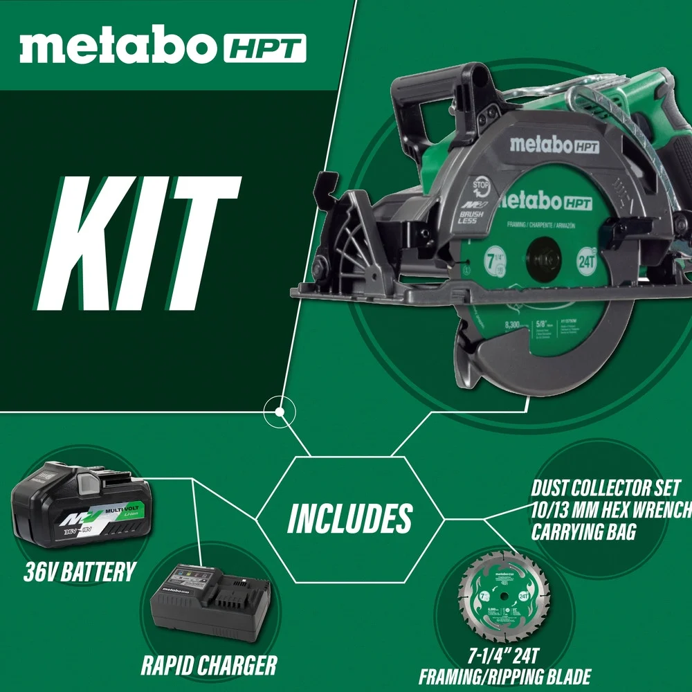 Metabo HPT 36V Multivolt 7 - 1/4 in Rear Handle Circular Saw, Lightweight Design, up to 500 2x4 Cuts per Charge, 53 Adjustable Bevel Capacity, Lifetime Tool Body Warranty, C3607DWA