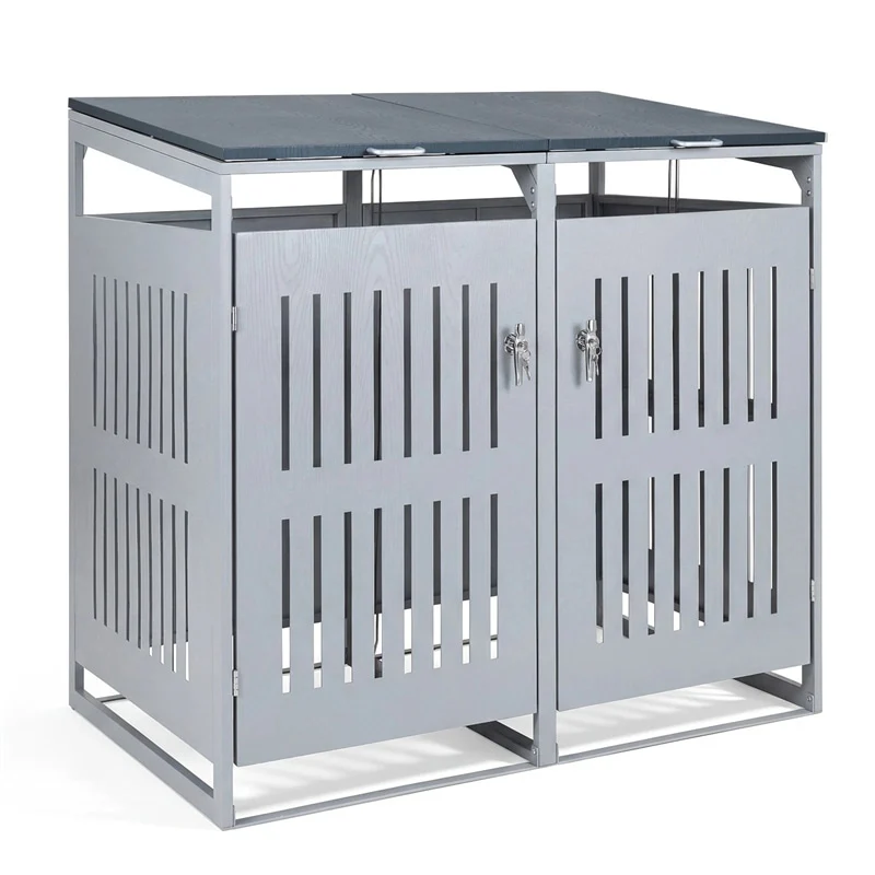 44 Cu.Ft Outdoor Trash Can Storage Shed for 2 Bins, Metal Garbage Can Organizer with Gas Struts, Shock Absorbers, Lockable Doors & Slant-Roof