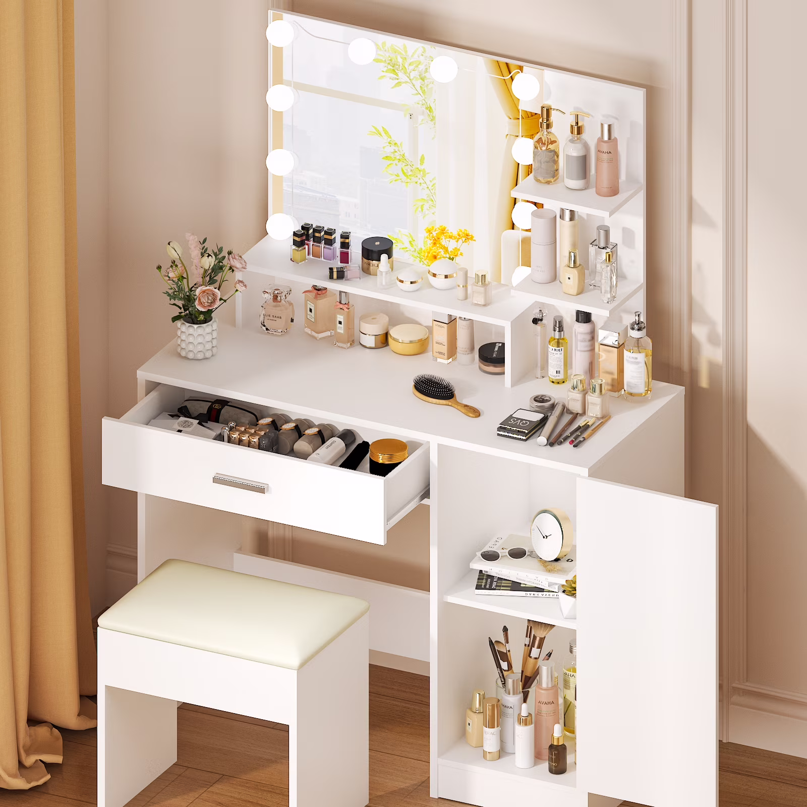 Vanity Set with 3 Color Lighted Mirror, Makeup Table with 3 Storage Shelves Drawers, Dressing Table Makeup Desk with Stool,White(White)