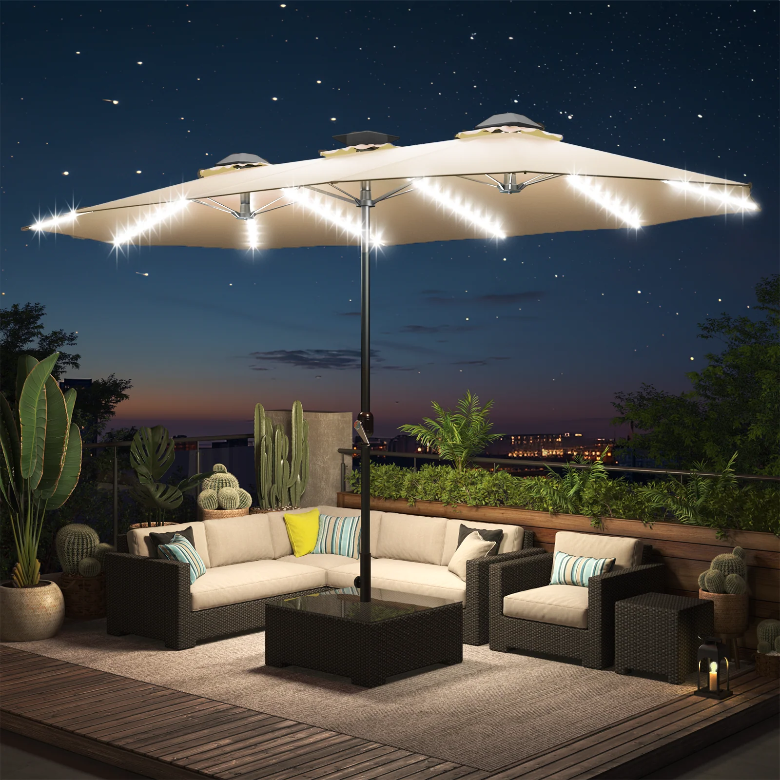 AECOJOY 15ft Patio Double-Sided Umbrella, 156 PCS Solar LED Light Outdoor Large Umbrella, Beige