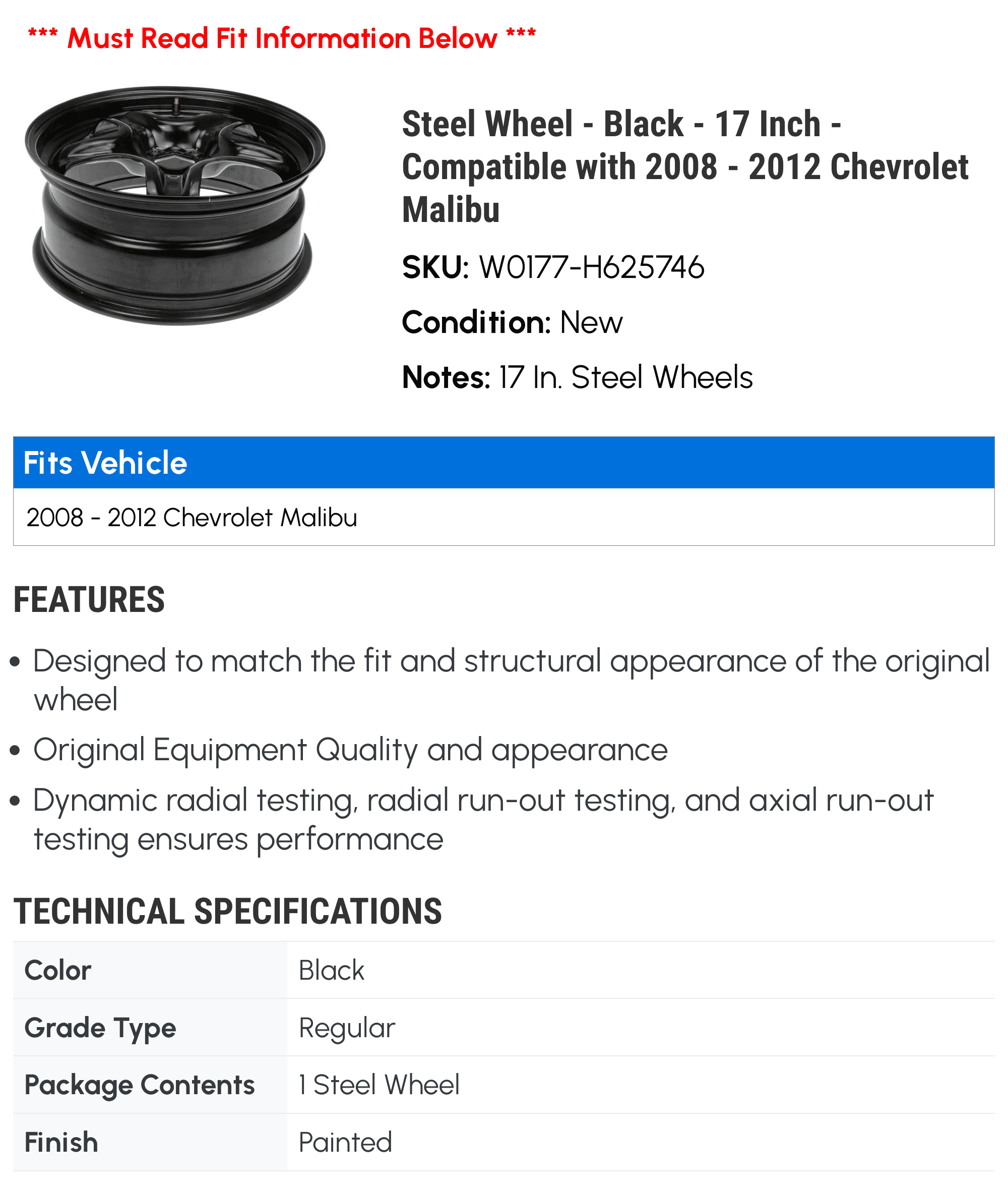 Steel Wheel - Black - 17 in - Compatible with 2008 - 2012 Chevy Malibu 2009 2010 2011