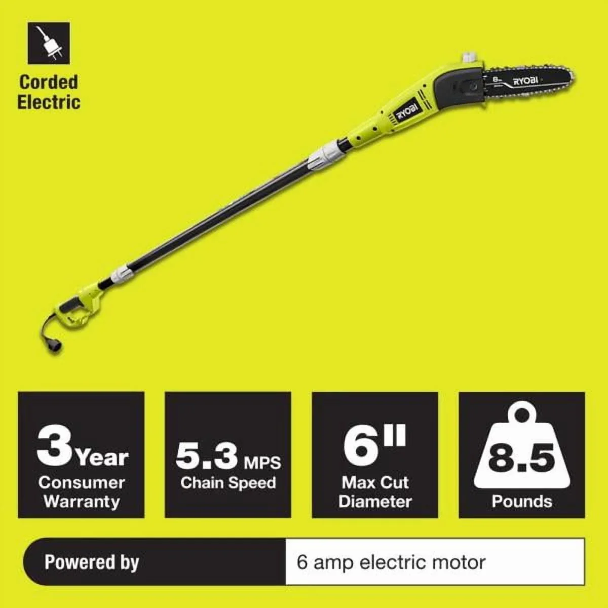 Ryobi Pole Chainsaw Pruner 8 in. Bar 6 Amp Corded Electric Chain Saw Pruner Angled Head RY43160A