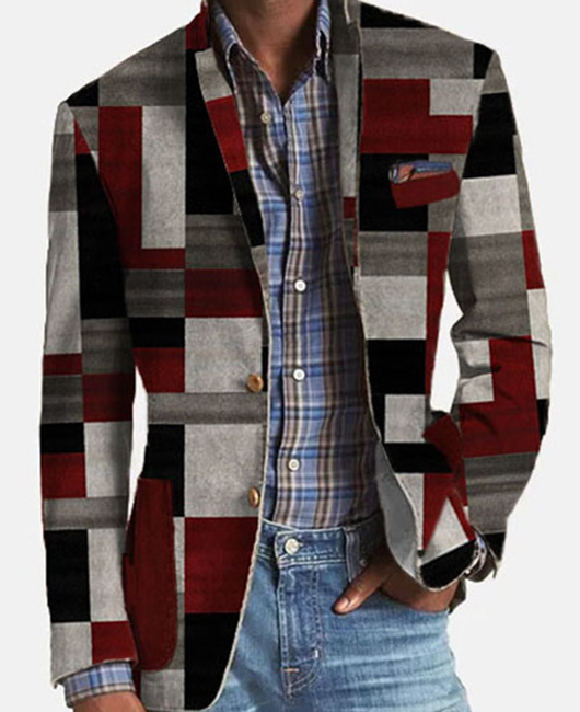 Blazer à revers cranté, deux boutons et poche poitrine, orné de patchwork.