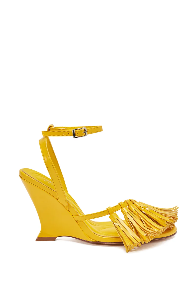 AZALEA WANG PHRIXOS YELLOW WEDGE FRINGE PU SANDAL - Akira Store