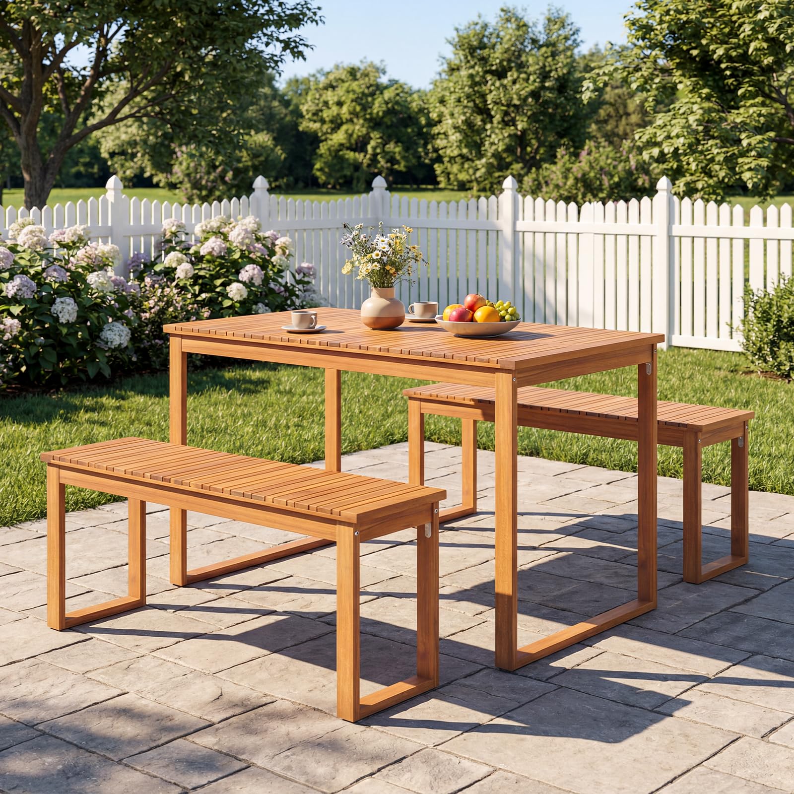 Tangkula 3 Pieces Acacia Wood Picnic Set with Outdoor Dining Table and 2 Benches for 4 People
